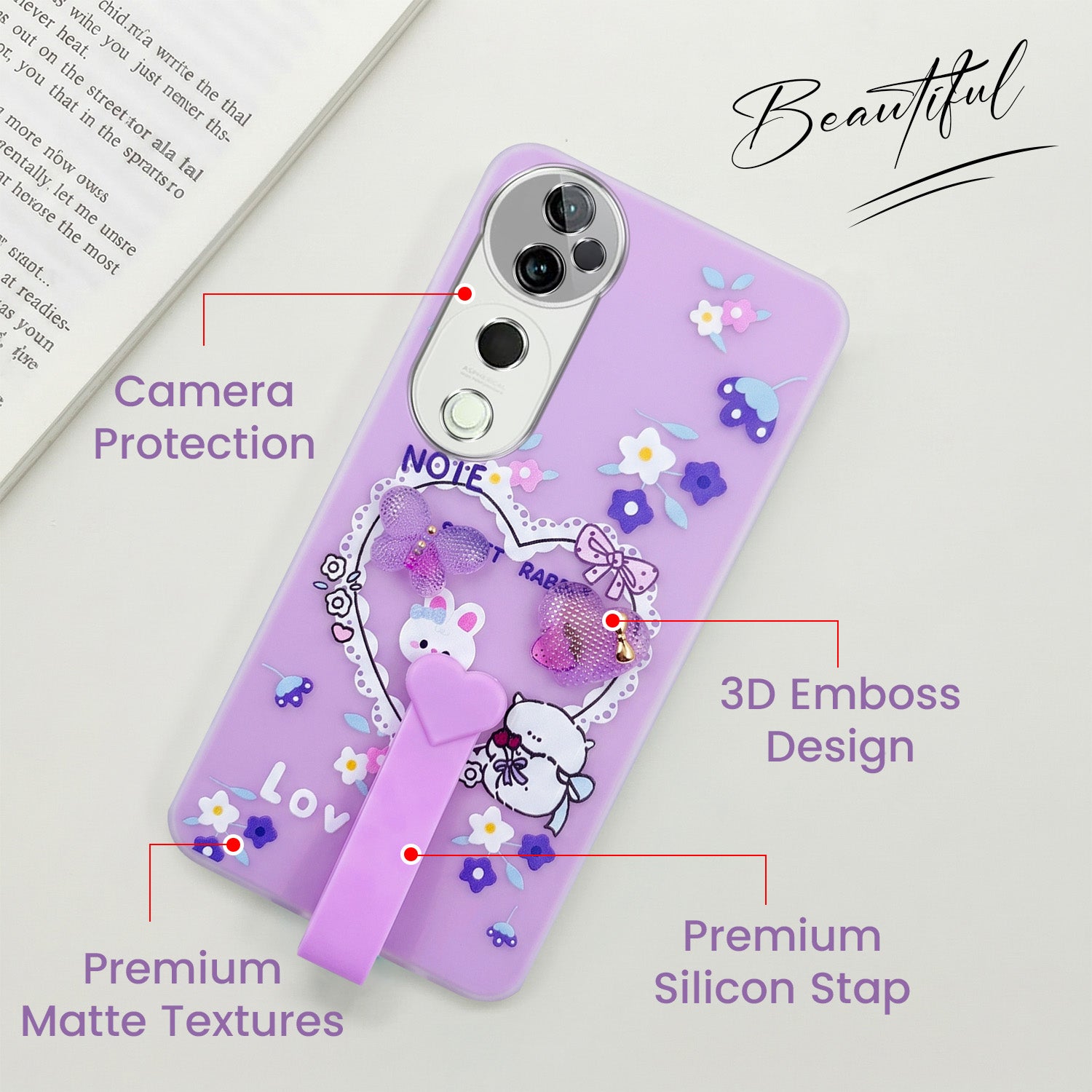 For Vivo T3 Ultra Back Cover Case (3D Cute Heart Strap Holder | Camera Protection | Designer Girls Print)