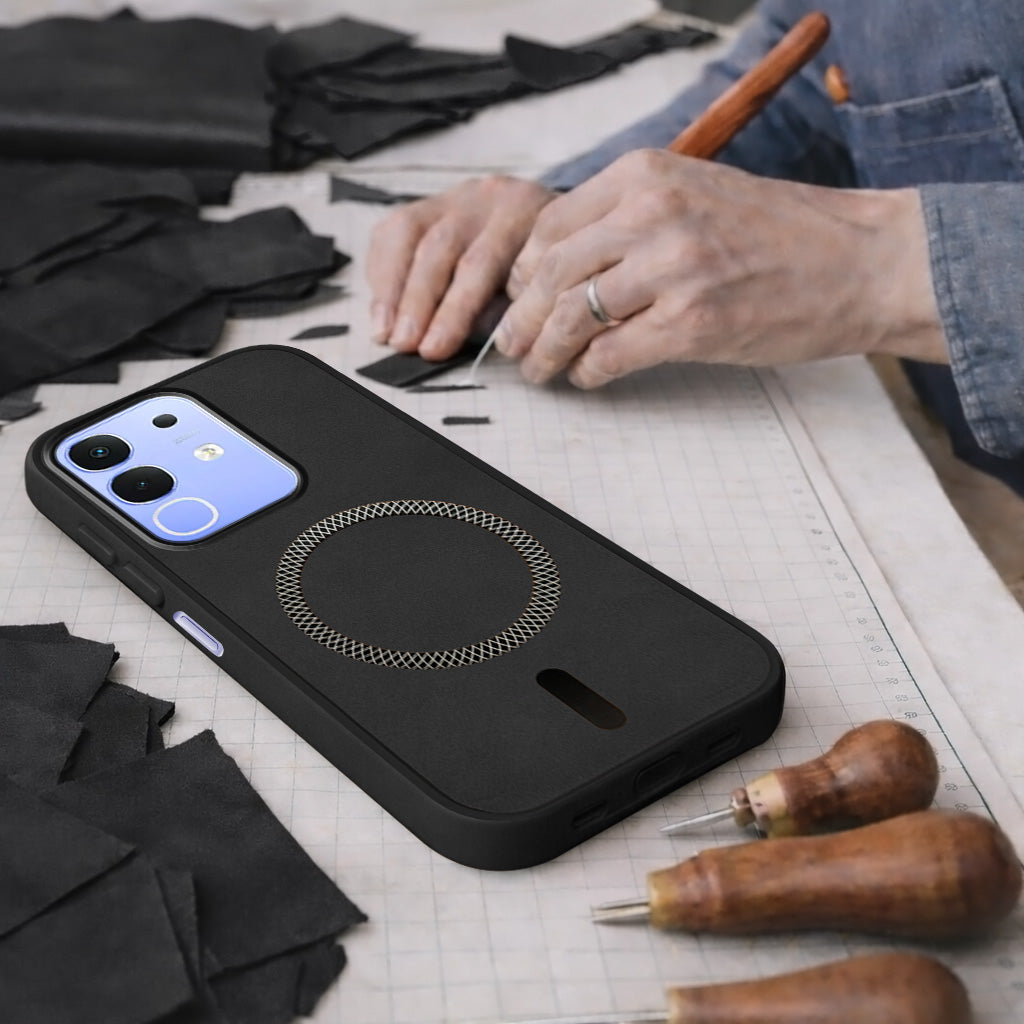 For Vivo iQOO Z10x Back Cover Case Leather Finish (MagSafe Compatible Wireless Charging | Soft Touch | Camera Bump Protection)