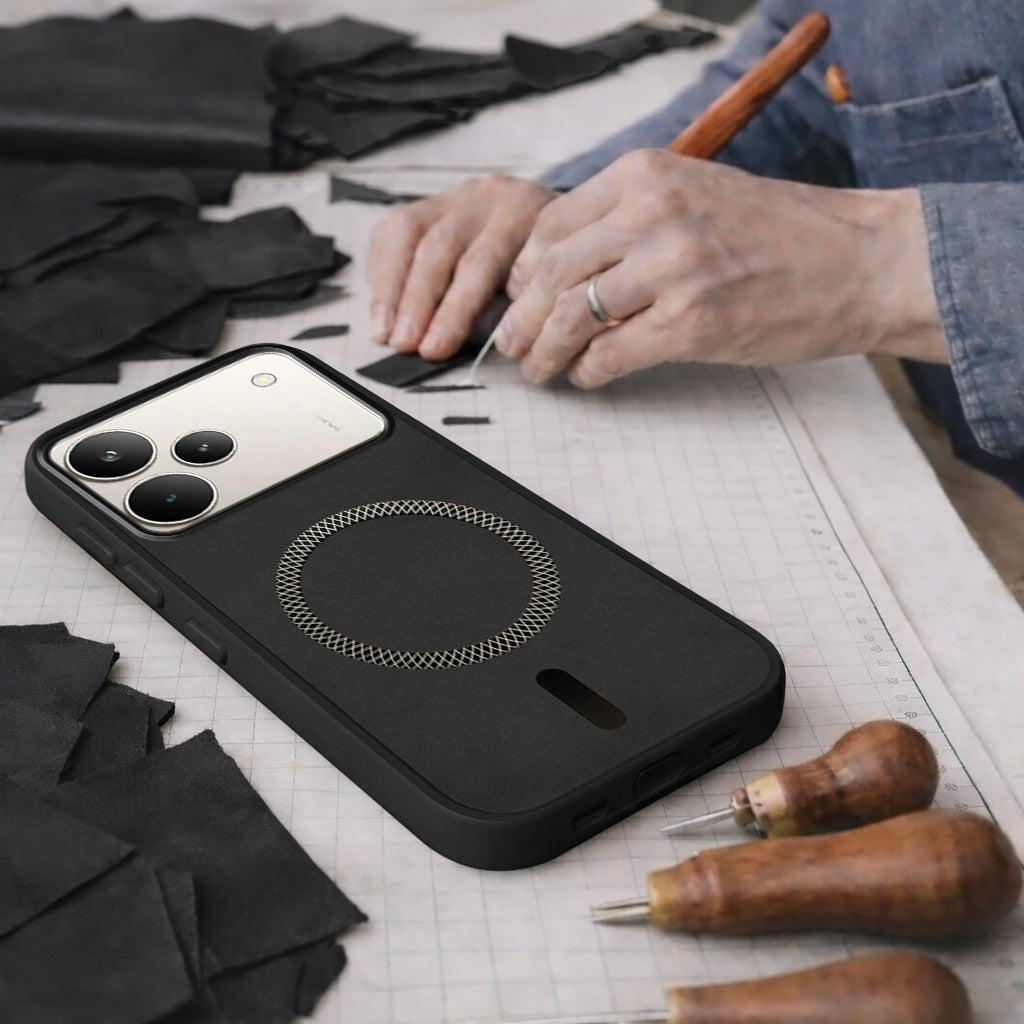 For Realme P4 Pro Back Cover Case Leather Finish (MagSafe Compatible Wireless Charging | Soft Touch | Camera Bump Protection)