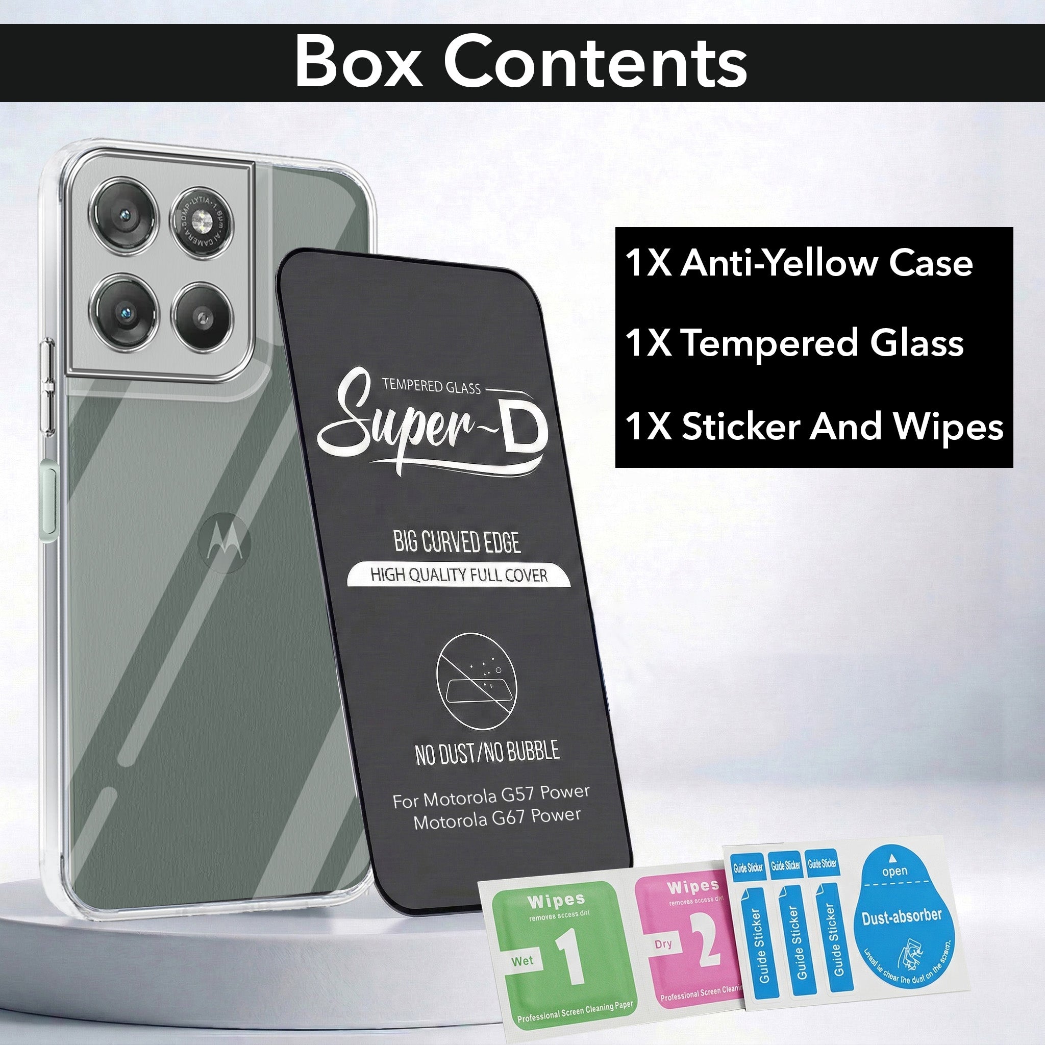 For Motorola Moto G67 Power | G57 Power Combo with Back Cover and 9H Tempered Glass (Lifetime Anti-Yellow | Sleek Hard Crystal | Oleophobic Coating Screen Glass)