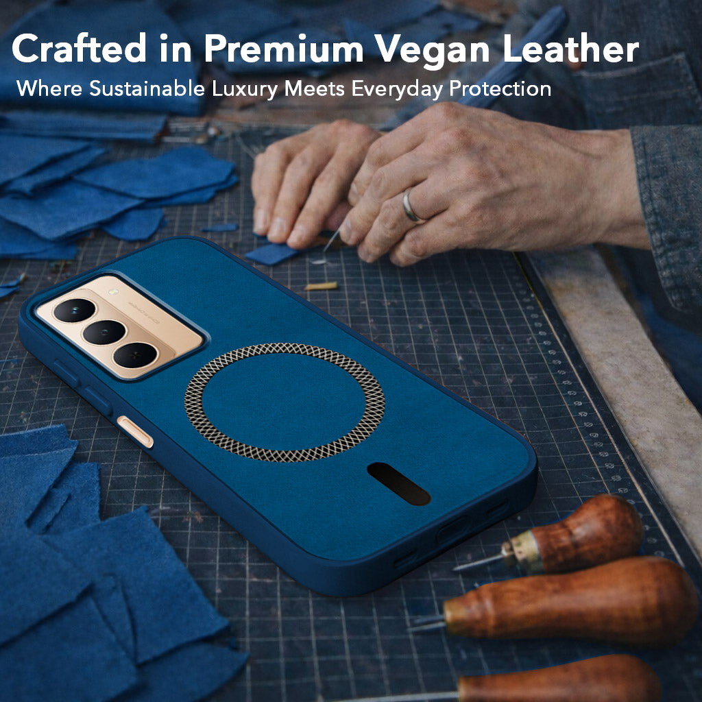 For Realme P3x Back Cover Case Leather Finish (MagSafe Compatible Wireless Charging | Soft Touch | Camera Bump Protection)