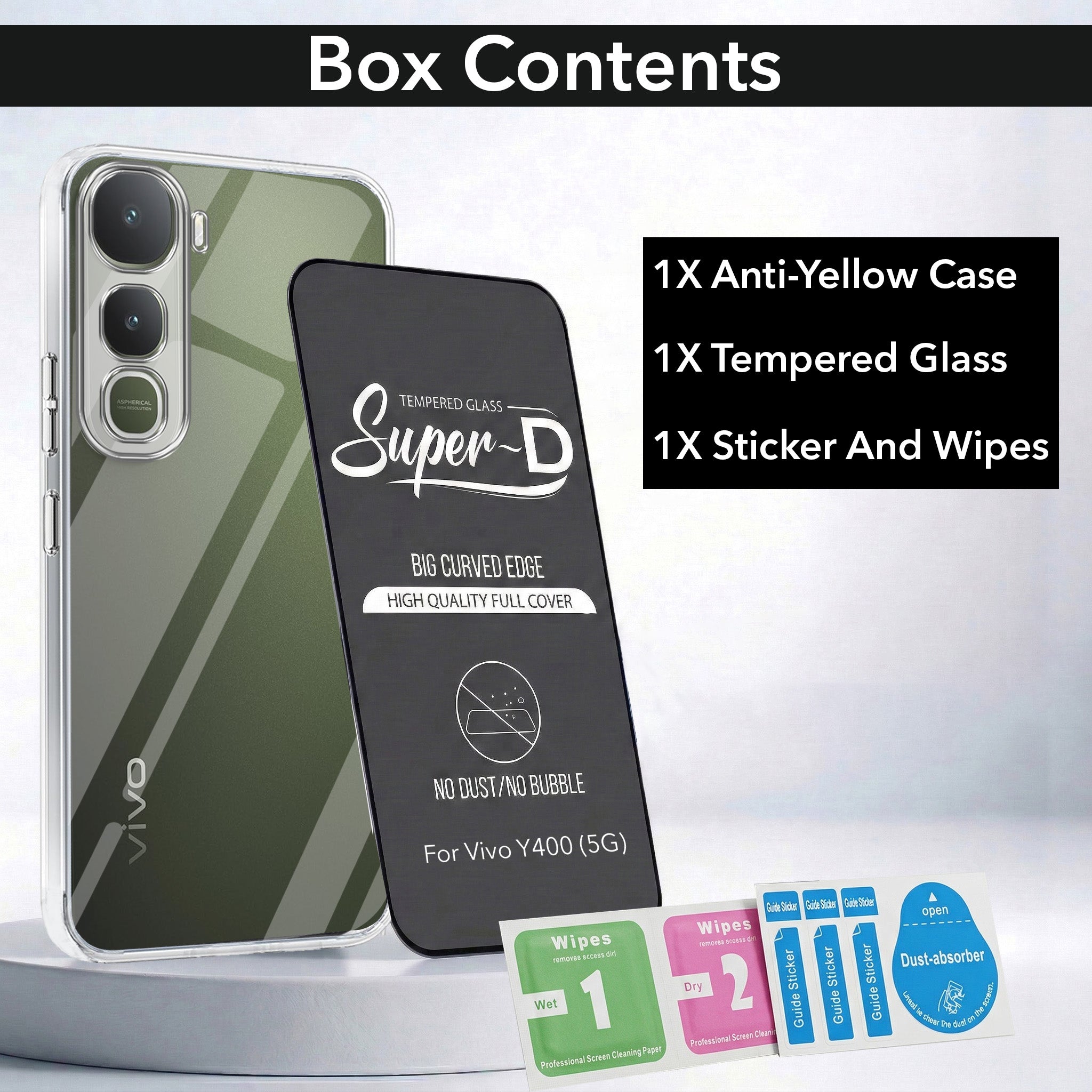 For Vivo Y400 Combo with Back Cover and 9H Tempered Glass (Lifetime Anti-Yellow | Sleek Hard Crystal | Oleophobic Coating Screen Glass)