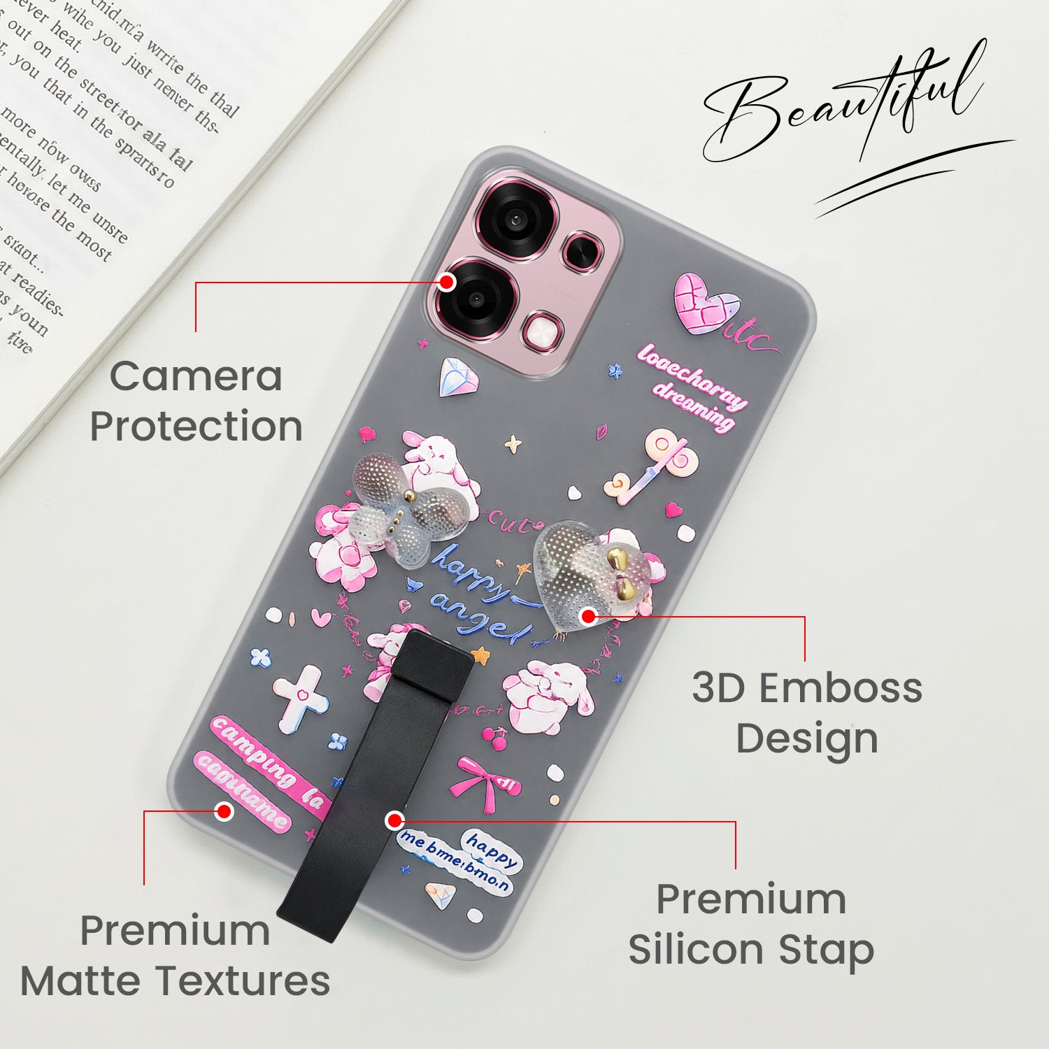 For Oppo F31 5G | Oppo F33 5G Back Cover Case (3D Cute Heart Strap Holder | Camera Protection | Designer Girls Print)