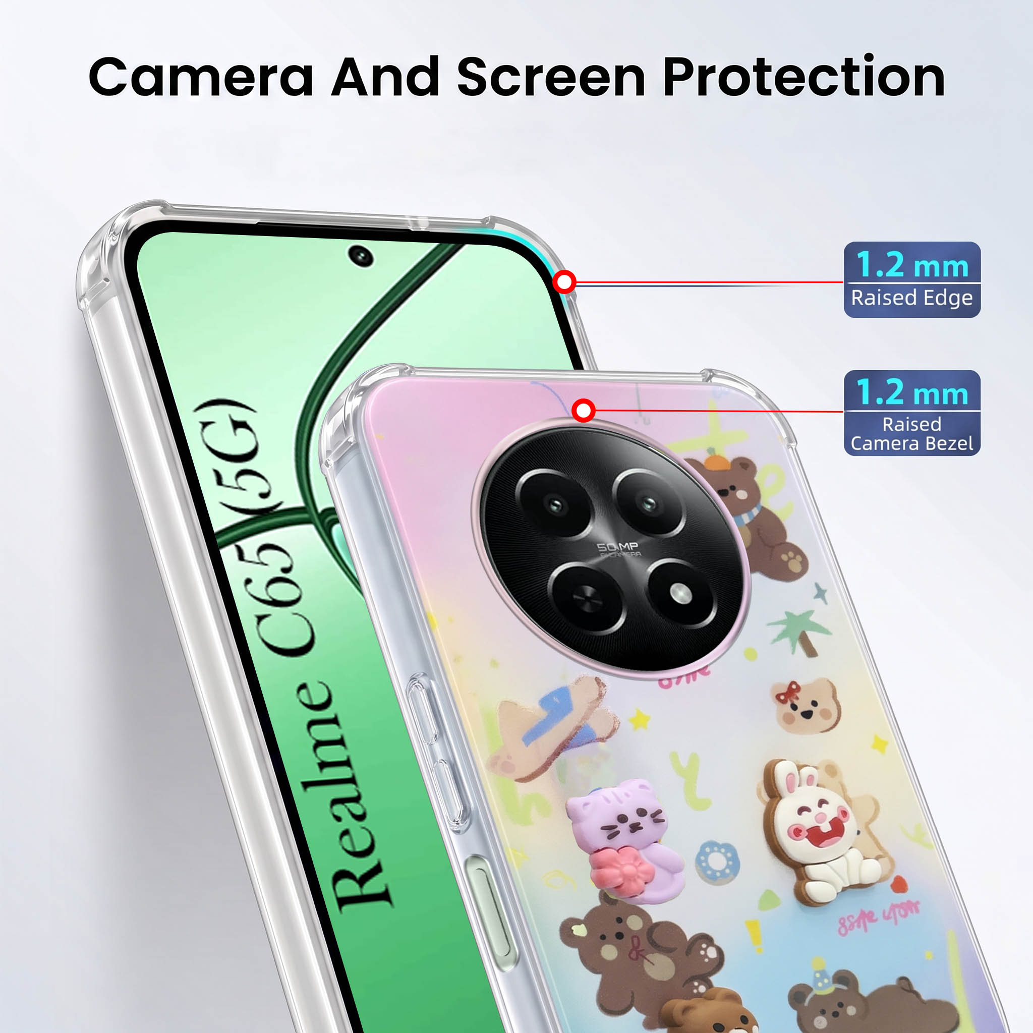 For Realme C65 5G Back Cover Case (3D Cute Cartoons | Hard Back Side Soft | Matte Premium Finish | HD Printing)