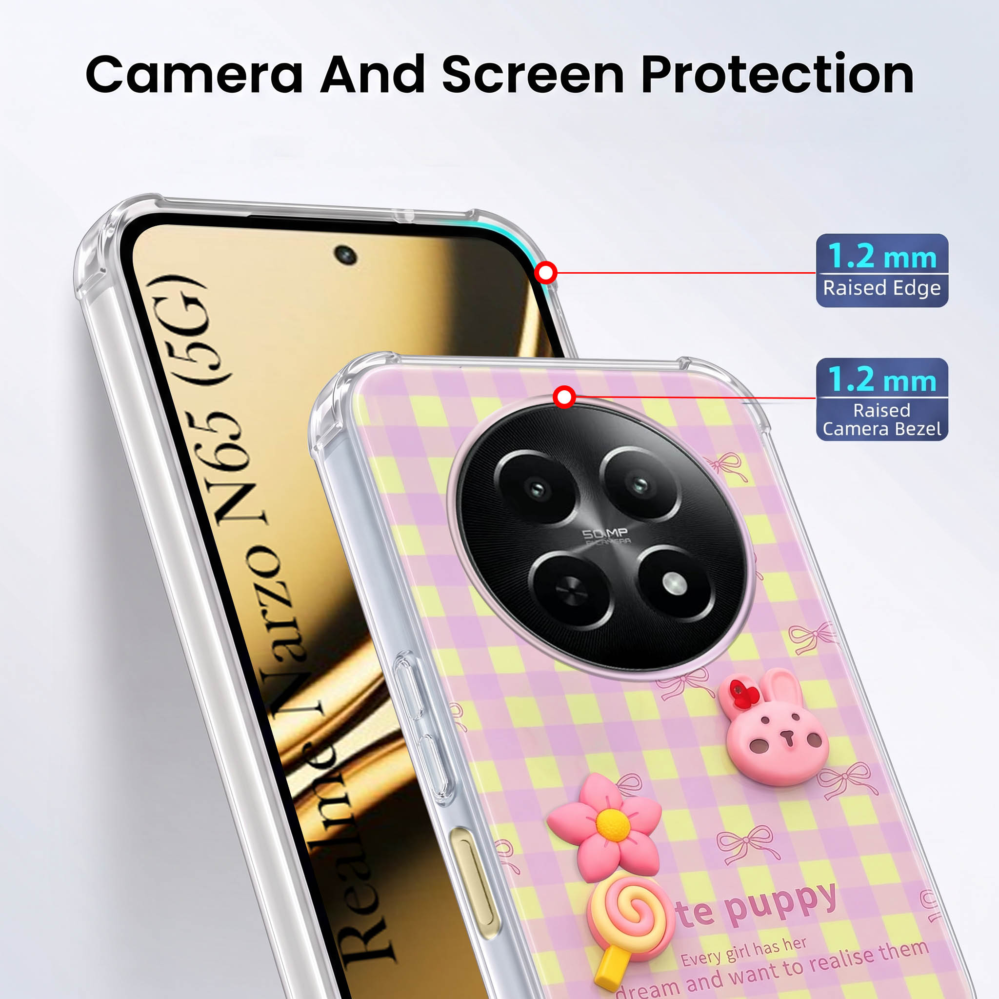 For Realme Narzo N65 5G Back Cover Case (3D Cute Cartoons | Hard Back Side Soft | Matte Premium Finish | HD Printing)