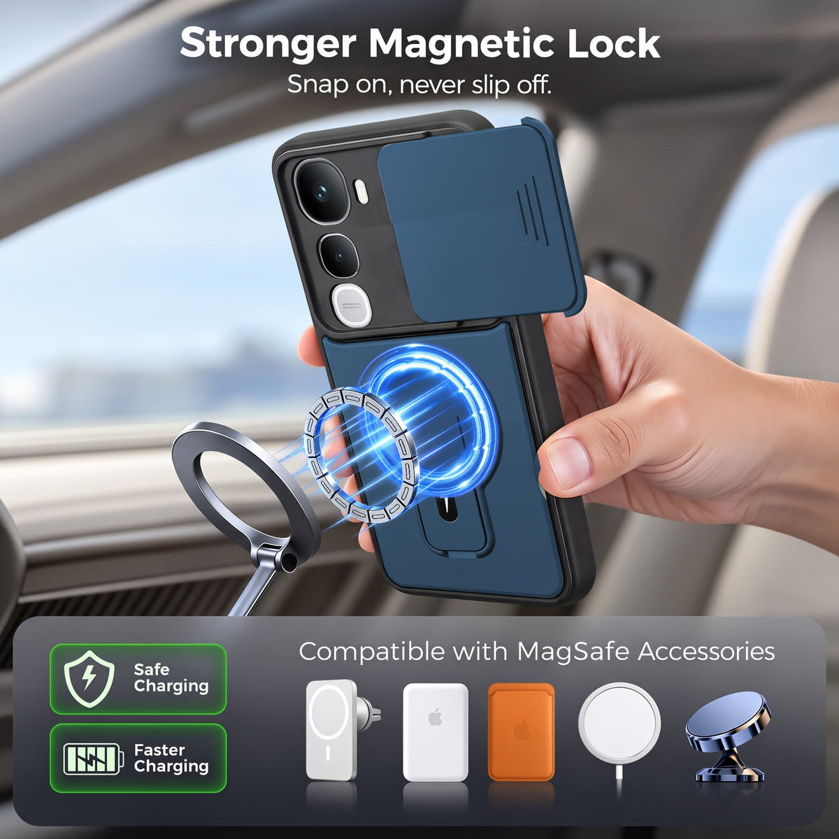 For Vivo Y400 Back Case Cover Metallic (Hybrid Armor Kickstand | Sliding Shutter Camera Protection | MagSafe Compatible)