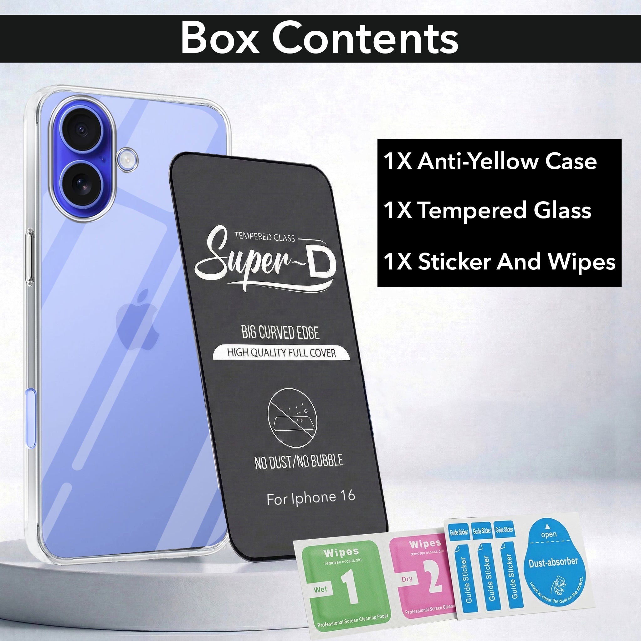 For Apple iPhone 16 Combo with Back Cover and 9H Tempered Glass (Lifetime Anti-Yellow | Sleek Hard Crystal | Oleophobic Coating Screen Glass)
