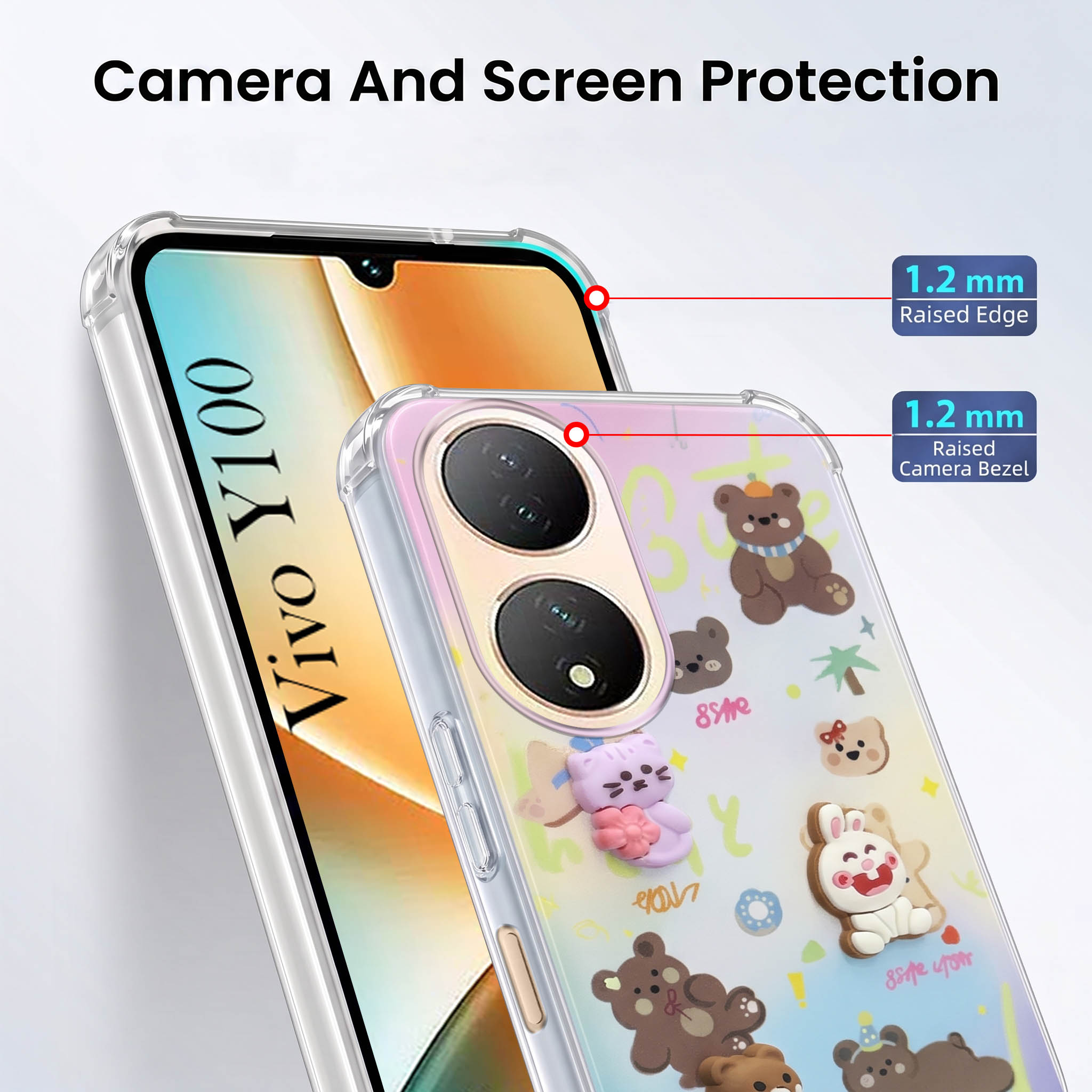 For Vivo Y100 Back Cover Case (3D Cute Cartoons | Hard Back Side Soft | Matte Premium Finish | HD Printing)