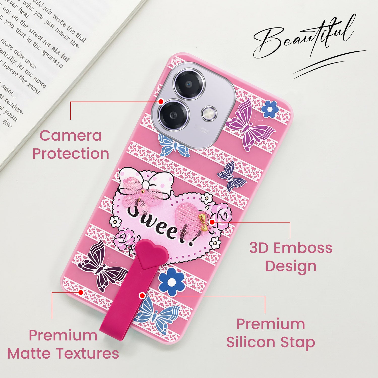 For Oppo A3X (4G/5G) | Oppo A3 5G Back Cover Case (3D Cute Heart Strap Holder | Camera Protection | Designer Girls Print)