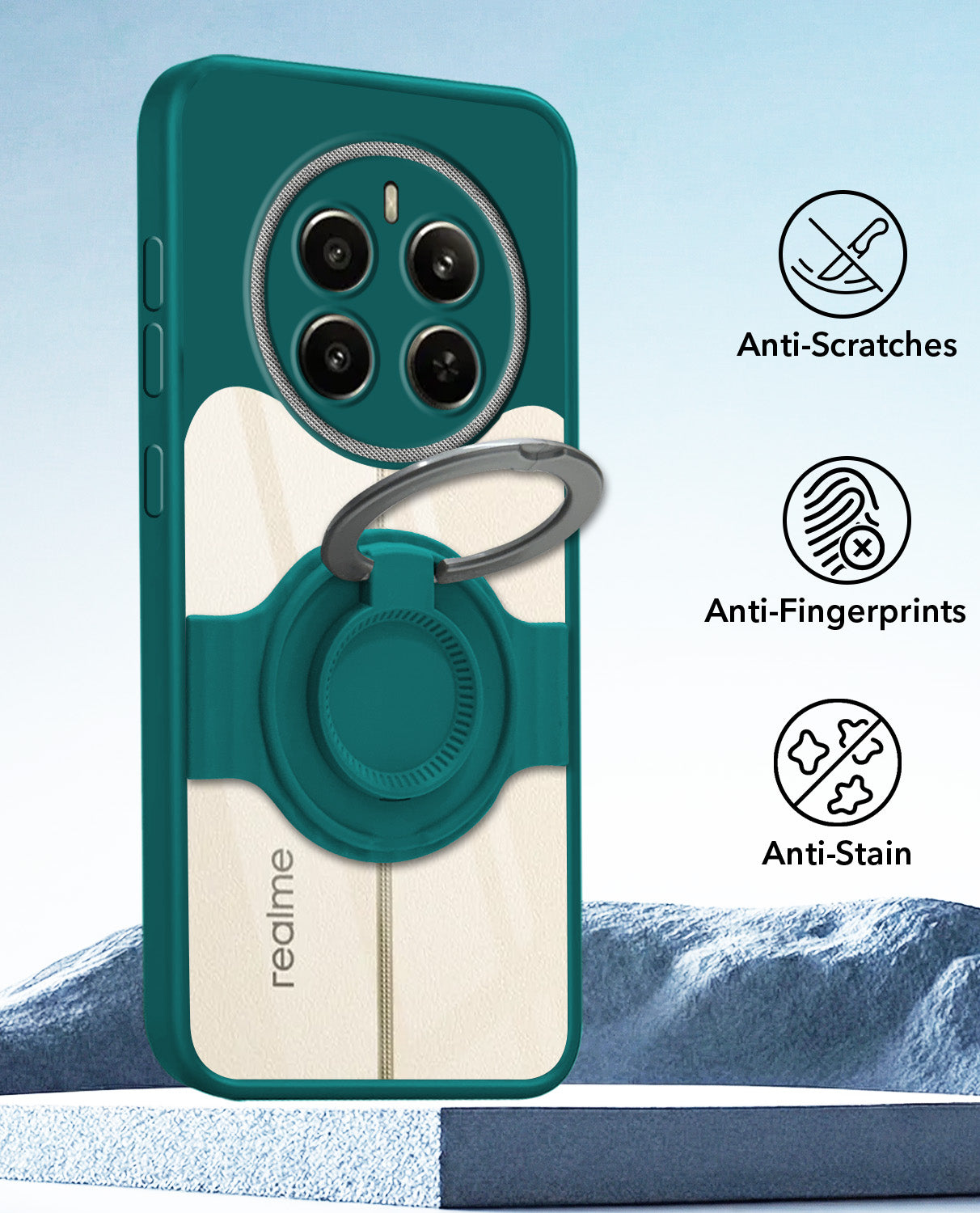 For Realme 12 Plus Back Cover Case with stand (Built-in Ring Holder Kickstand | Lifetime Anti Yellow | Camera Protection)