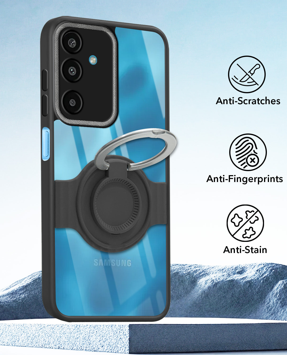 For Samsung Galaxy M16 5G | Samsung Galaxy F16 5G Back Cover Case with stand (Built-in Ring Holder Kickstand | Lifetime Anti Yellow | Camera Protection)
