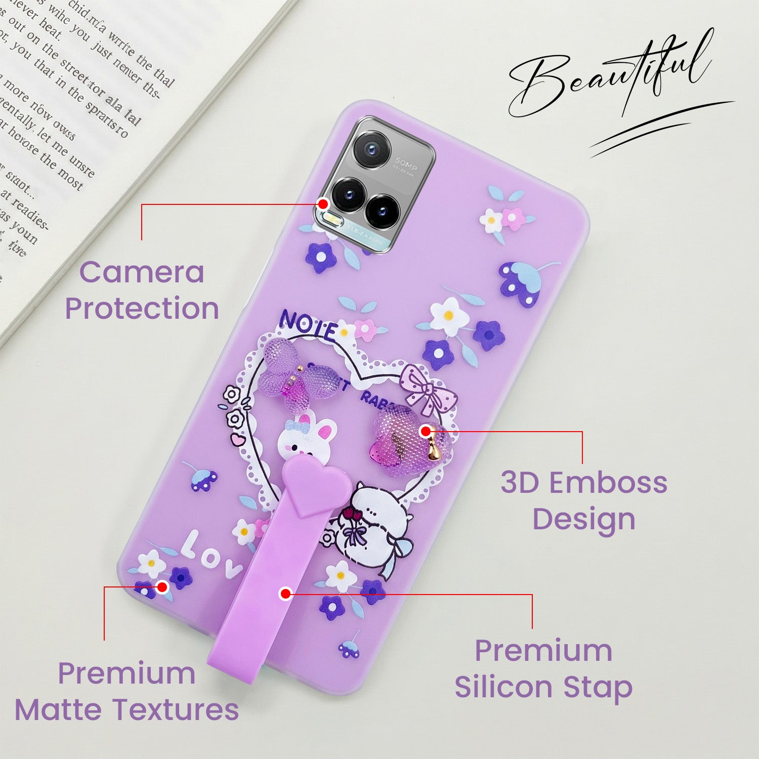 For Vivo Y33s Back Cover Case (3D Cute Heart Strap Holder | Camera Protection | Designer Girls Print)