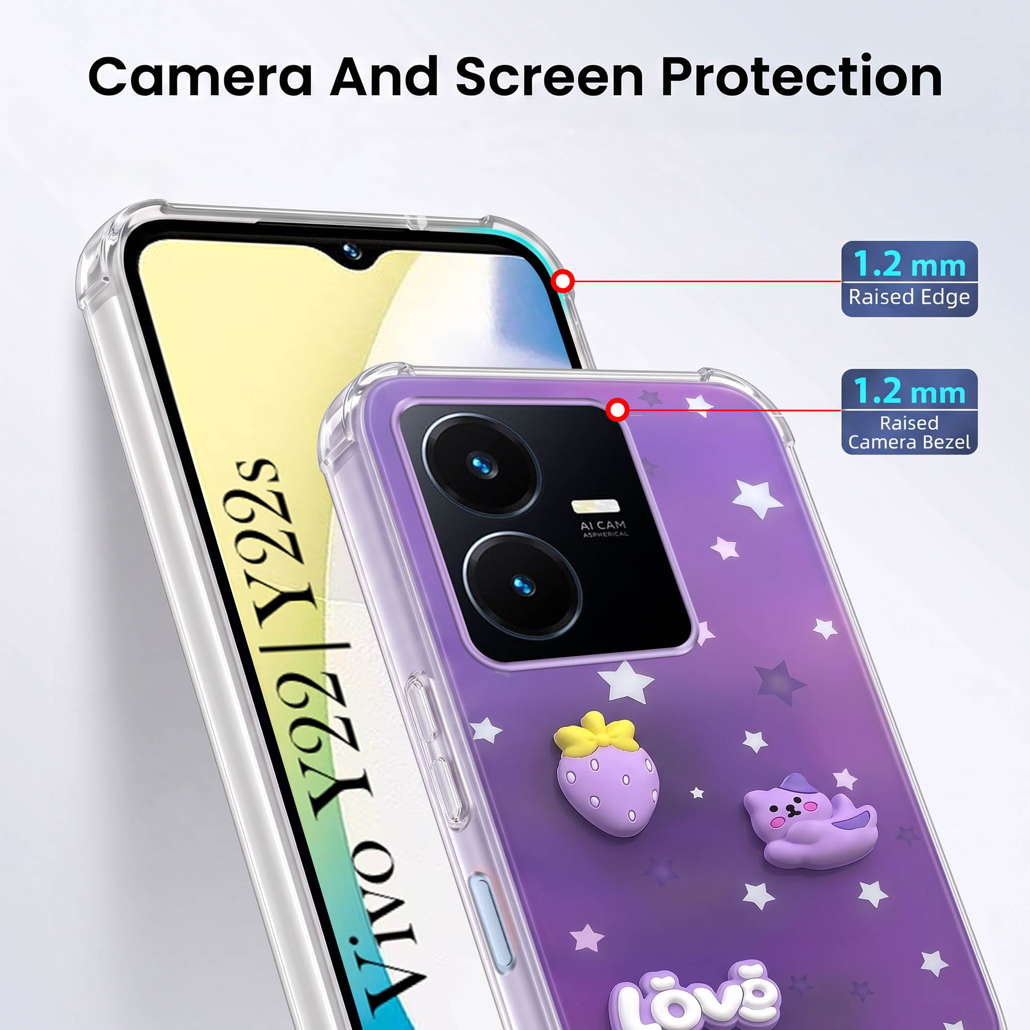 For Vivo Y22 | Vivo Y22s Back Cover Case (3D Cute Cartoons | Hard Back Side Soft | Matte Premium Finish | HD Printing)