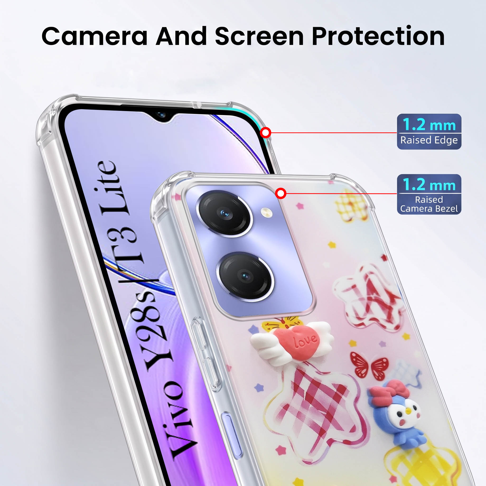 For Vivo Y28s 5G | Vivo T3 Lite 5G Back Cover Case (3D Cute Cartoons | Hard Back Side Soft | Matte Premium Finish | HD Printing)