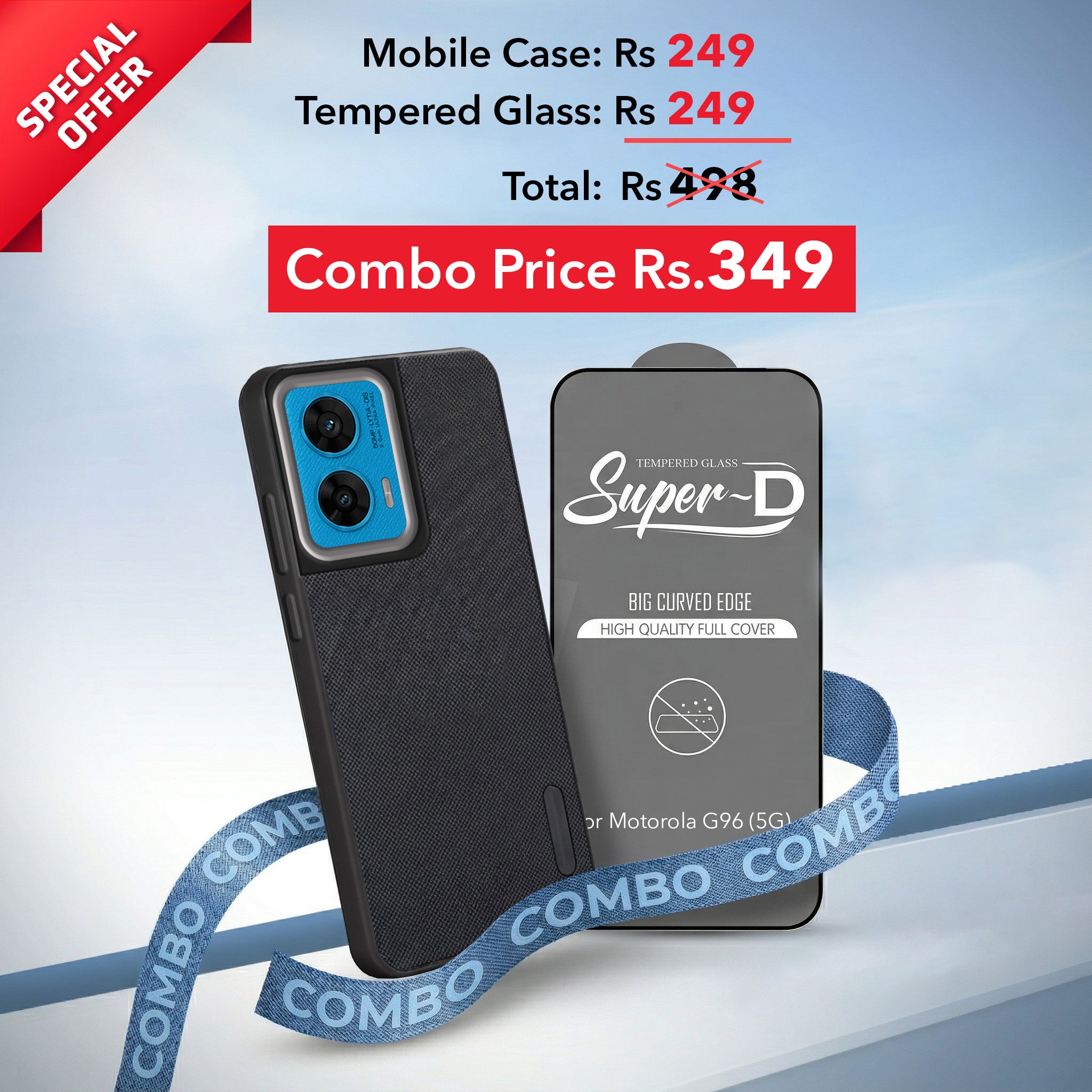 For Motorola Moto G96 Combo with Back Cover and 9H Tempered Glass (Textured Grip Design | Micro-Fiber Cloth Inside | Oleophobic Coating Screen Glass)