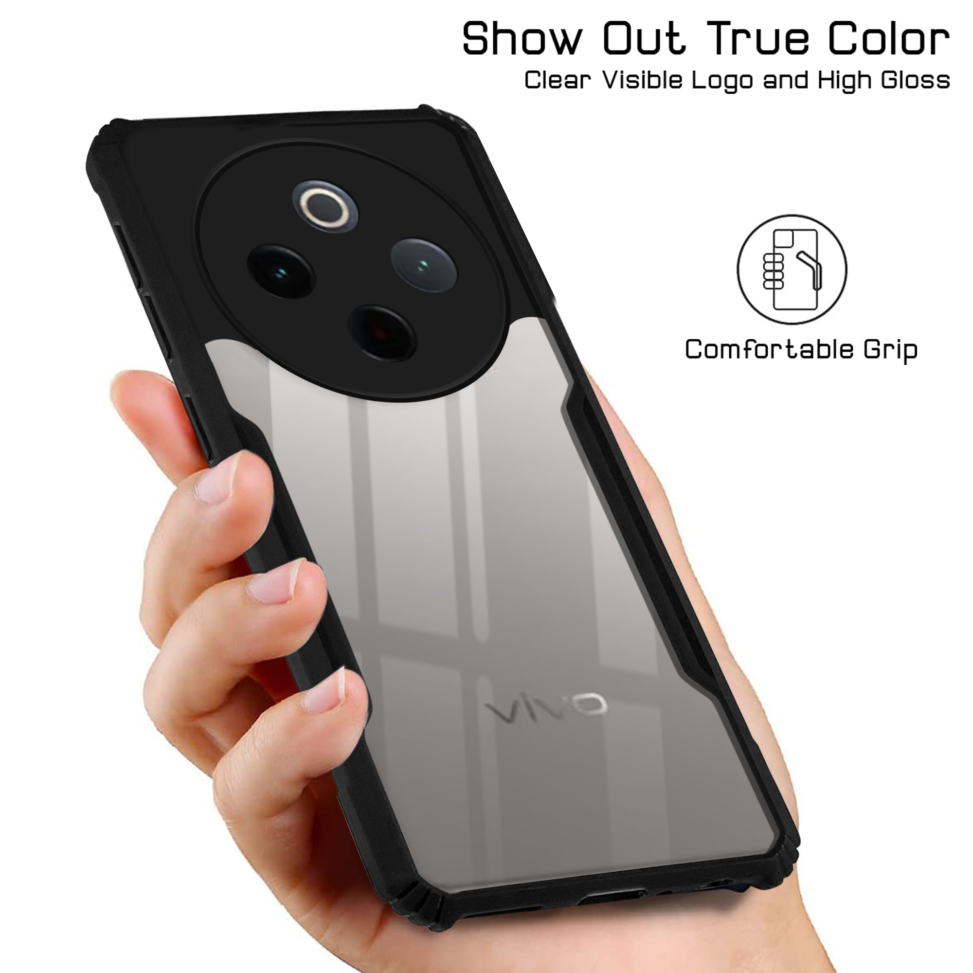 For Vivo Y300 Pro Back Cover Case (Shockproof with Polycarbonate Clear Panel | Professional Black)