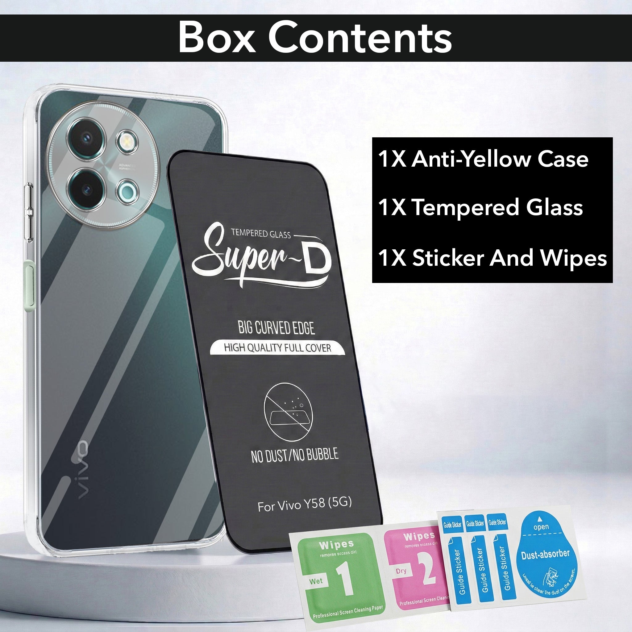 For Vivo Y58 5G Combo with Back Cover and 9H Tempered Glass (Liquid Silicone | Camera Protection | Oleophobic Coating Screen Glass)