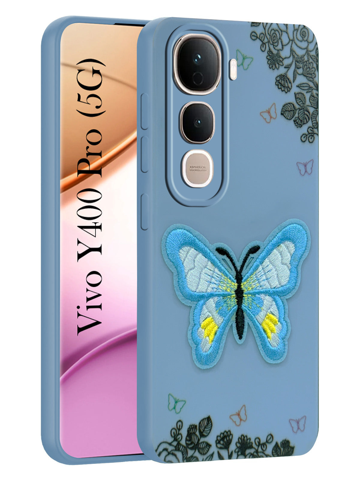 For Vivo Y400 Pro Back Cover Case (Soft Butterfly Embroidery | Women Teen Girls | Camera Protection| Matte Silicone)