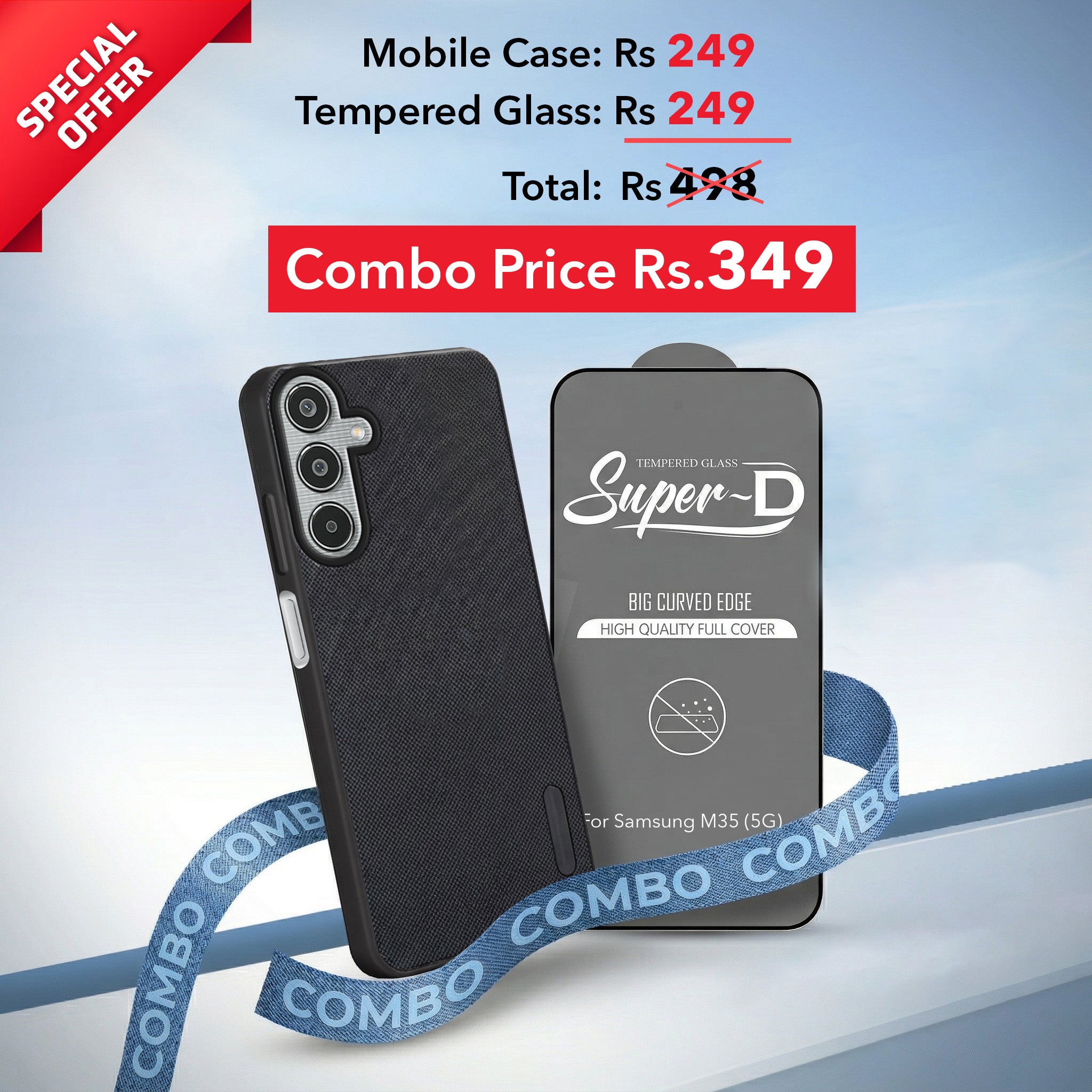 For Samsung Galaxy M35 5G Combo with Back Cover and 9H Tempered Glass (Textured Grip Design | Micro-Fiber Cloth Inside | Oleophobic Coating Screen Glass)