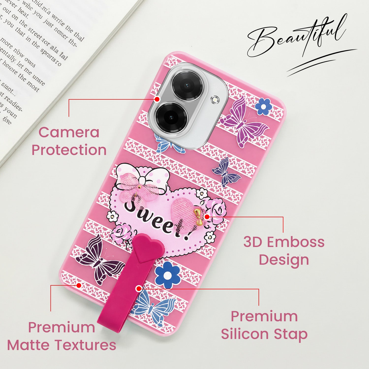 For Redmi A5 4G Back Cover Case (3D Cute Heart Strap Holder | Camera Protection | Designer Girls Print)