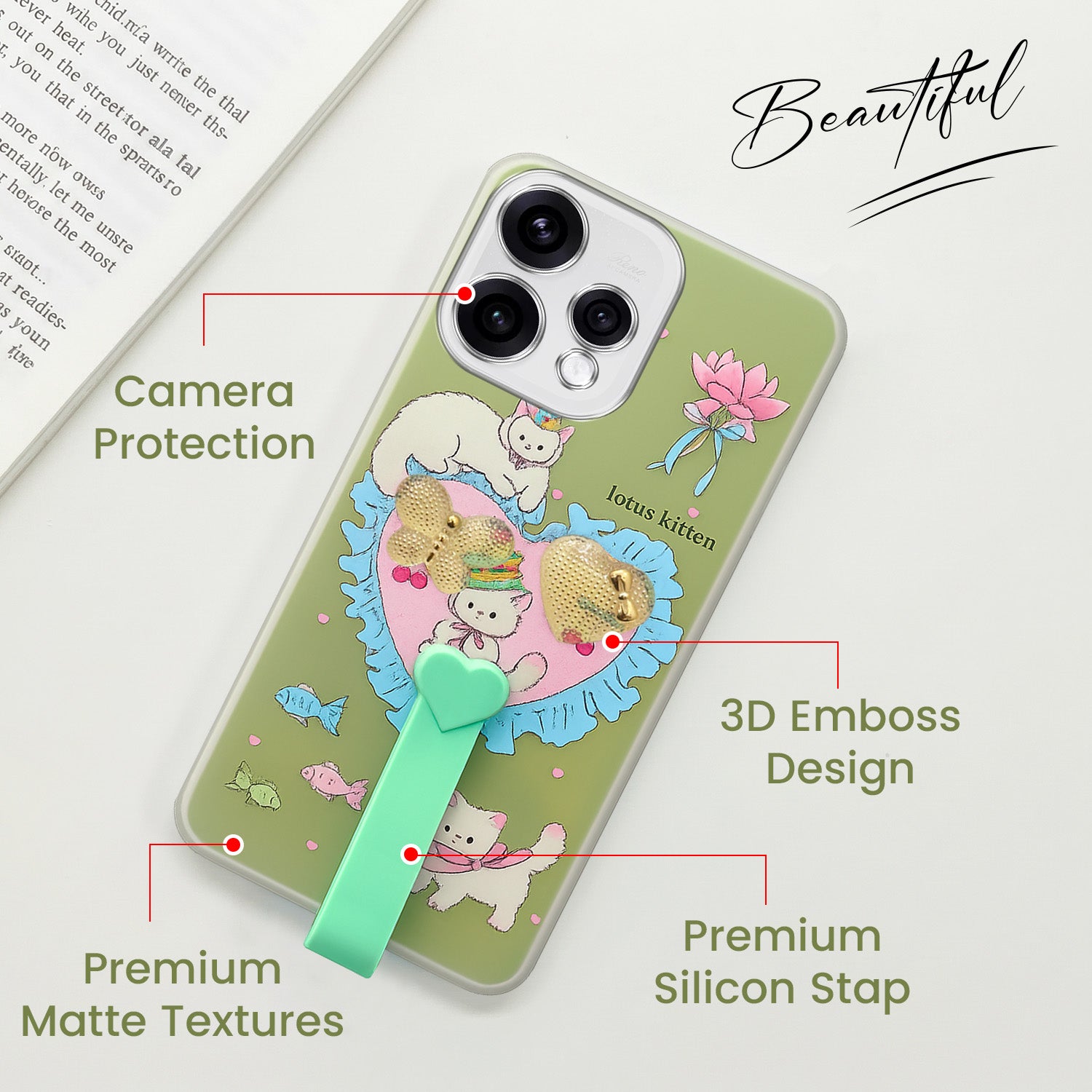 For Oppo Reno15 5G Back Cover Case (3D Cute Heart Strap Holder | Camera Protection | Designer Girls Print)