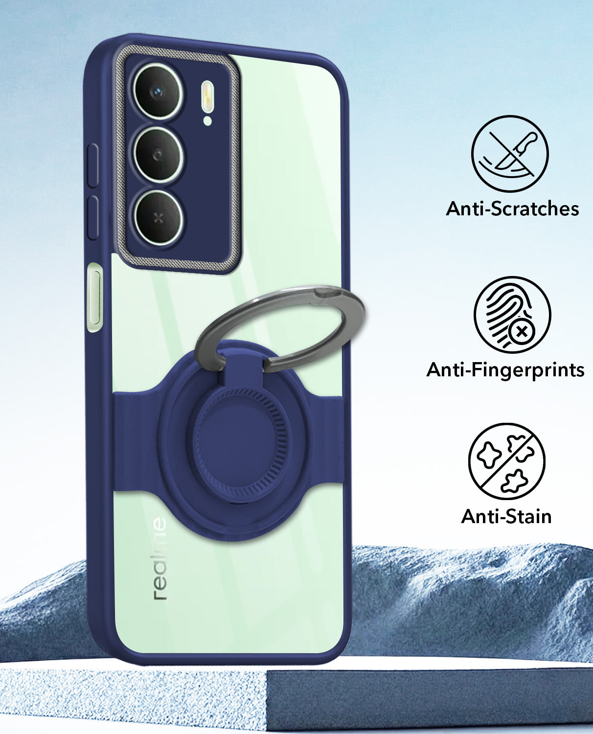 For Realme P3 lite Back Cover Case with stand (Built-in Ring Holder Kickstand | Lifetime Anti Yellow | Camera Protection)