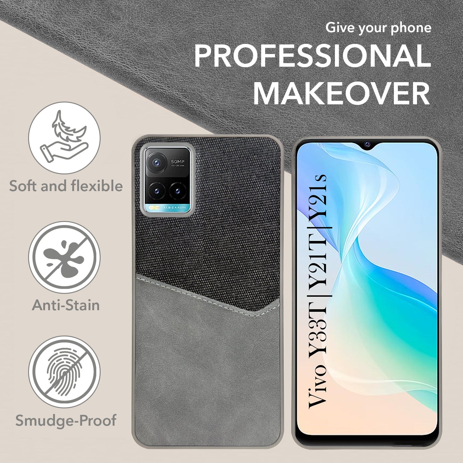 For Vivo Y33T | Vivo Y21T | Vivo Y21s Back Cover Case (Dual PU Leather Stitch | Professional Minimalist | Soft and Flexible)