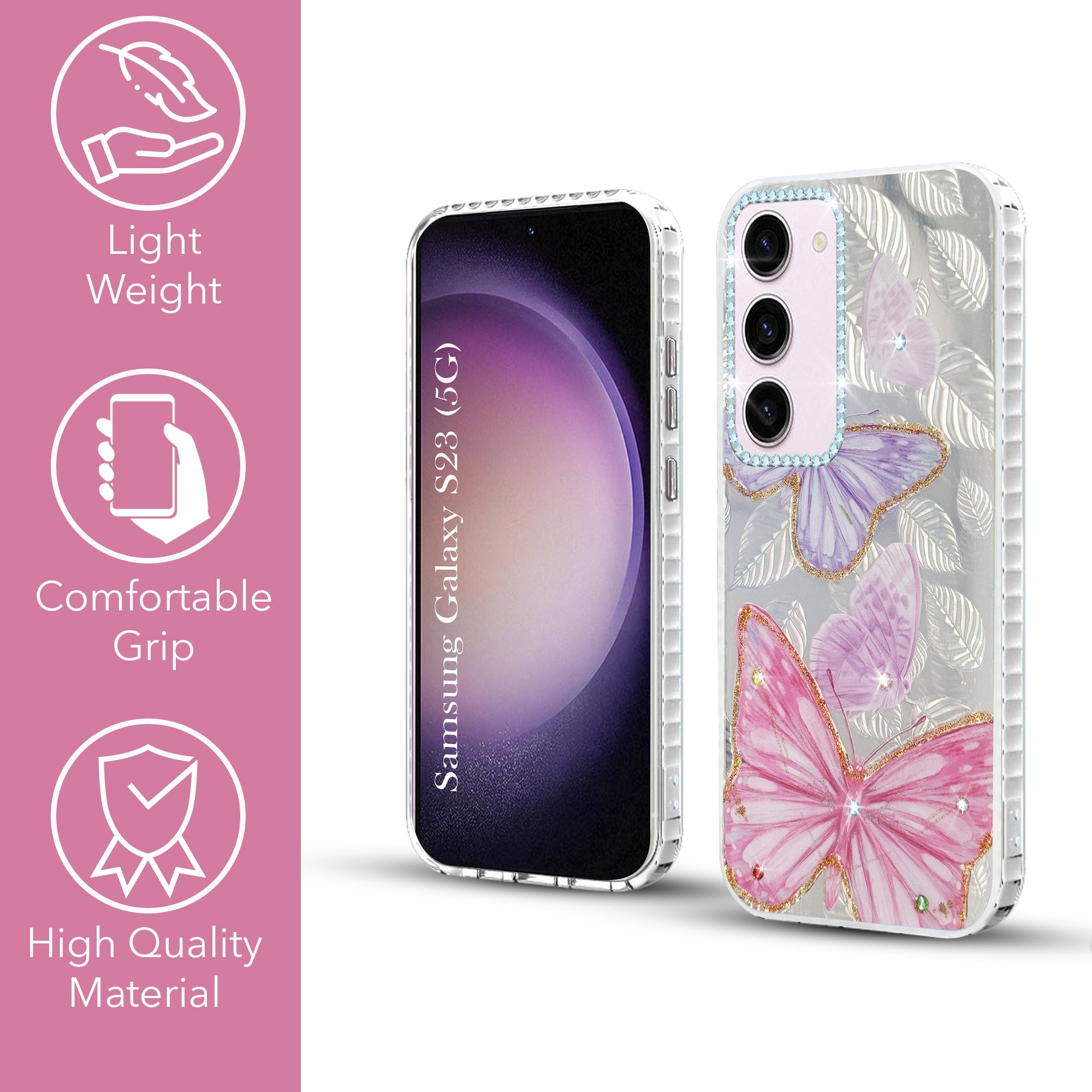 For Samsung Galaxy S23 5G Back Cover Case (Luxury Floral Glitter Cute Butterfly | Diamond Studded Camera Bump | Girls & Women Design)