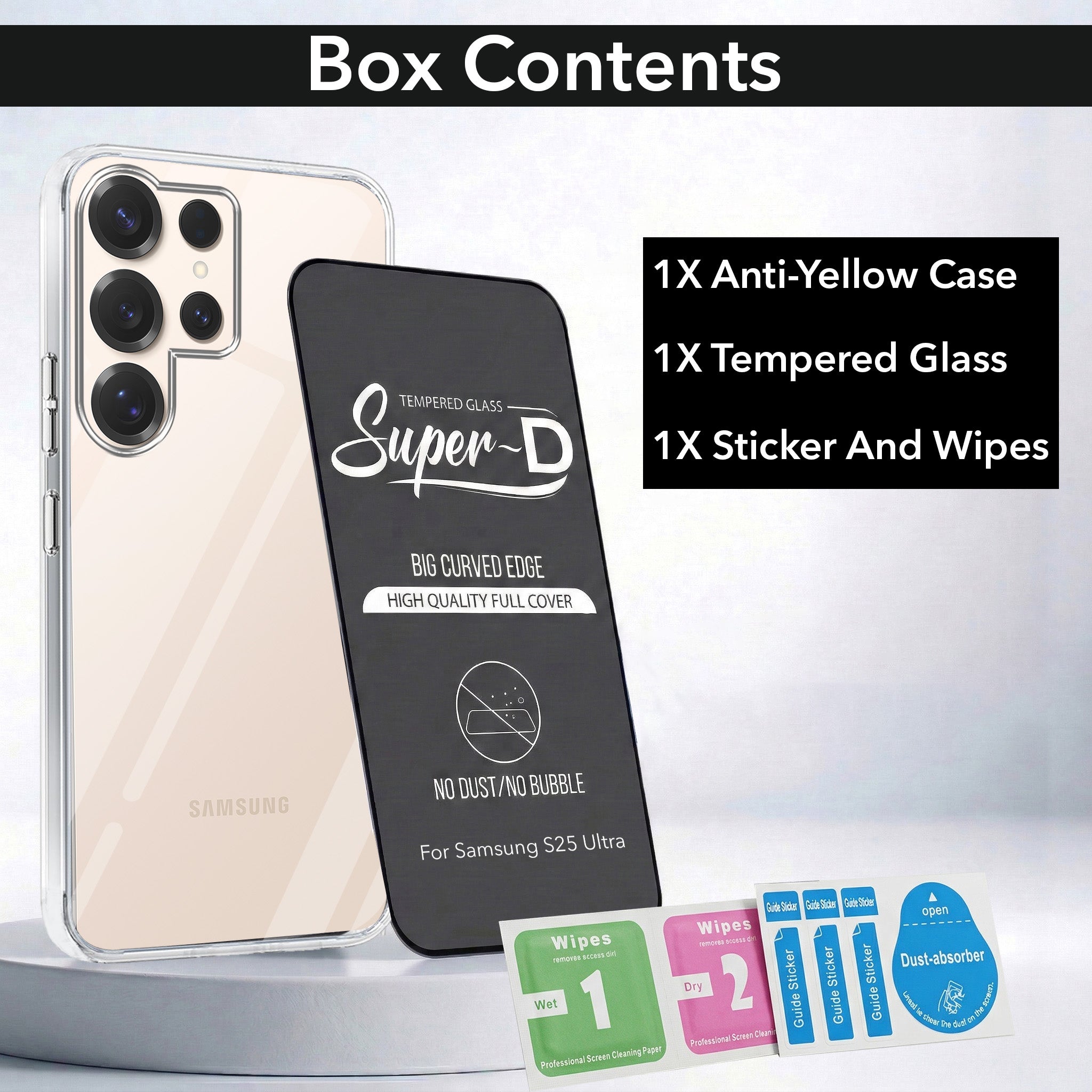 For Samsung Galaxy S25 Ultra Combo with Back Cover and 9H Tempered Glass (Lifetime Anti-Yellow | Sleek Hard Crystal | Oleophobic Coating Screen Glass)