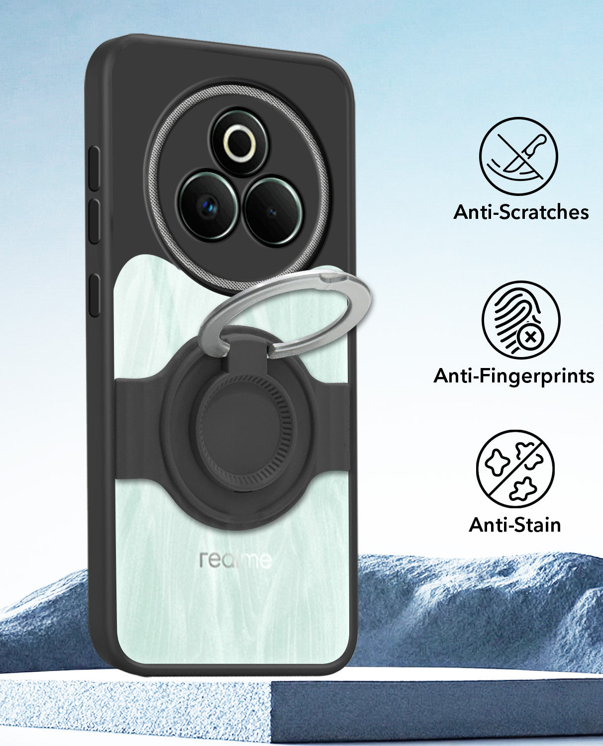 For Realme P3 Pro Back Cover Case with stand (Built-in Ring Holder Kickstand | Lifetime Anti Yellow | Camera Protection)