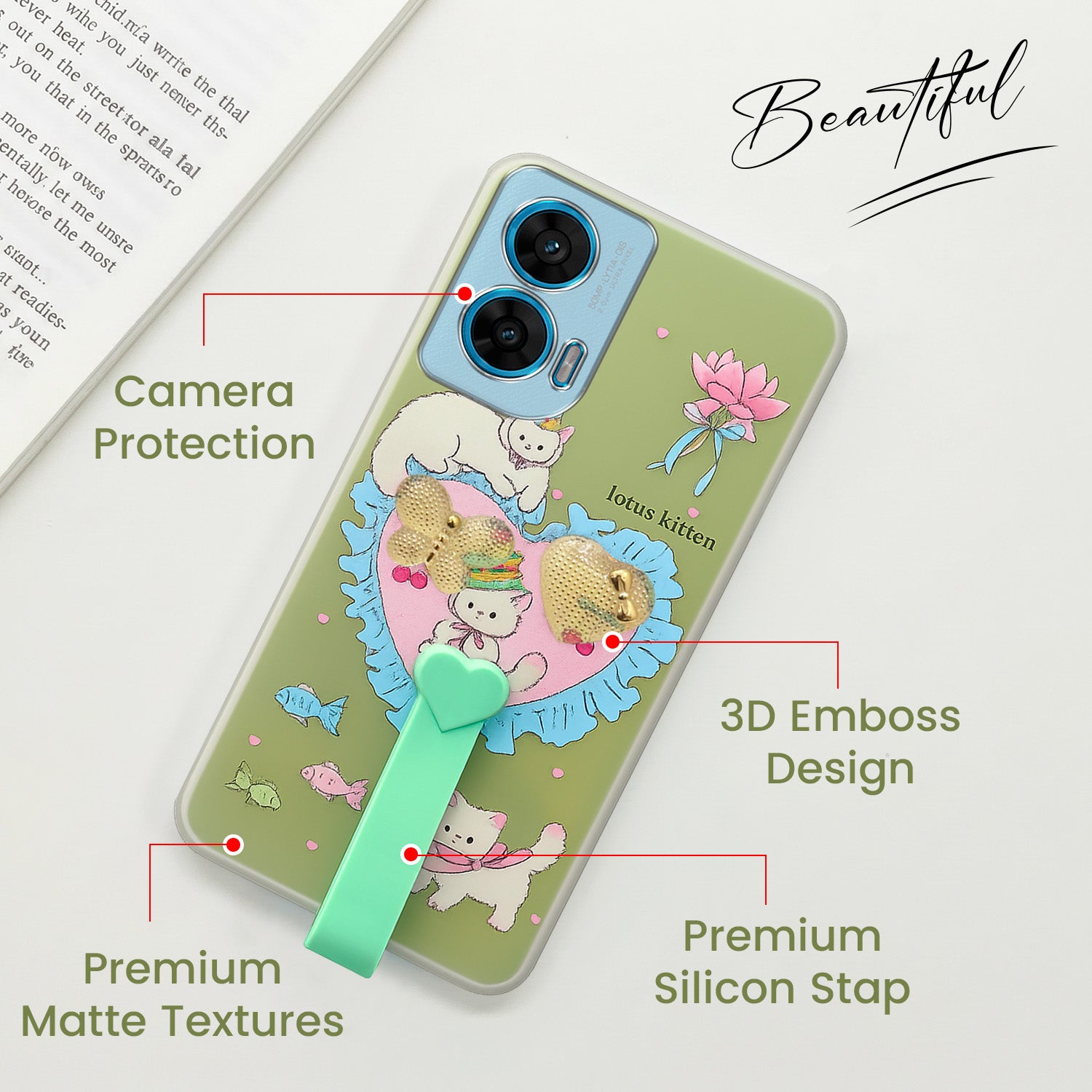 For Motorola Moto G96 Back Cover Case (3D Cute Heart Strap Holder | Camera Protection | Designer Girls Print)