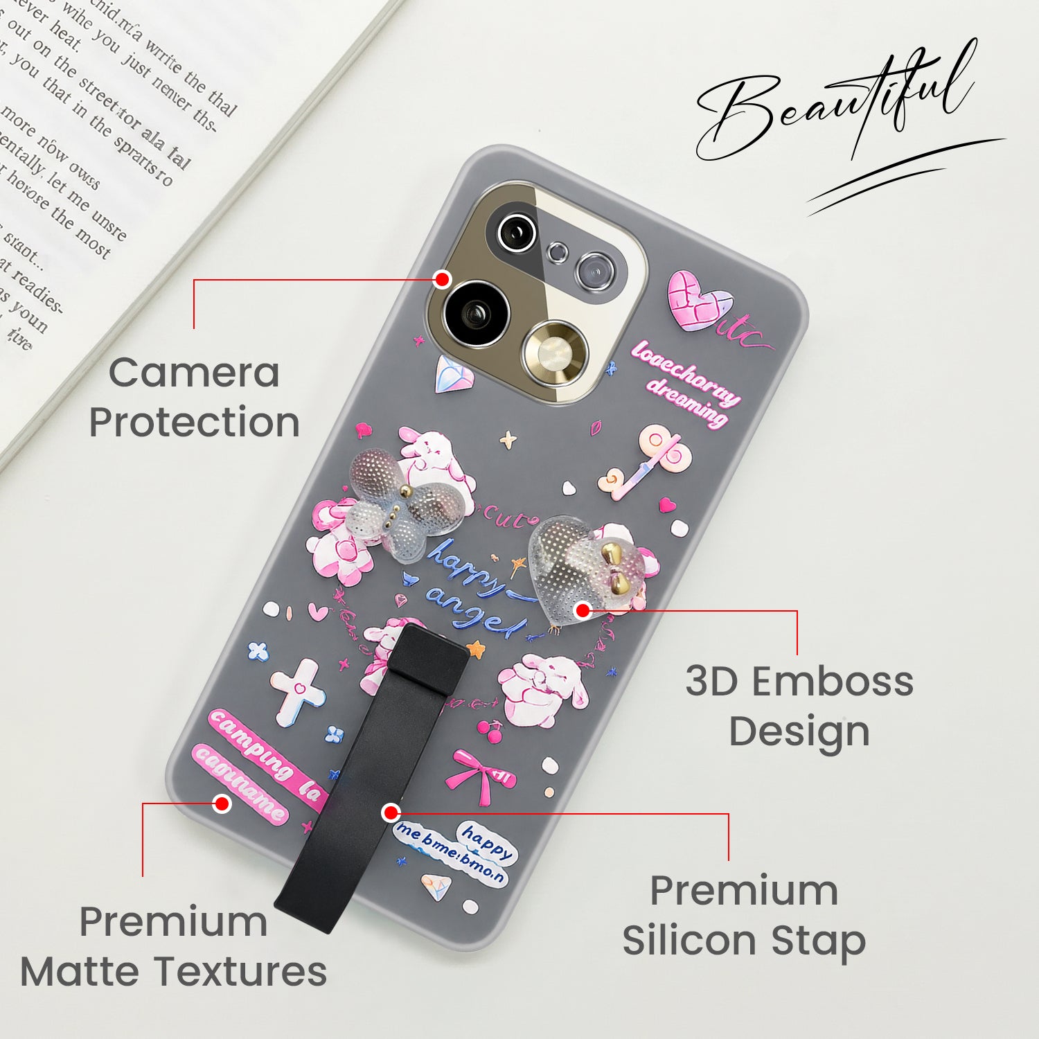 For Realme 16 Pro Plus 5G Back Cover Case (3D Cute Heart Strap Holder | Camera Protection | Designer Girls Print)