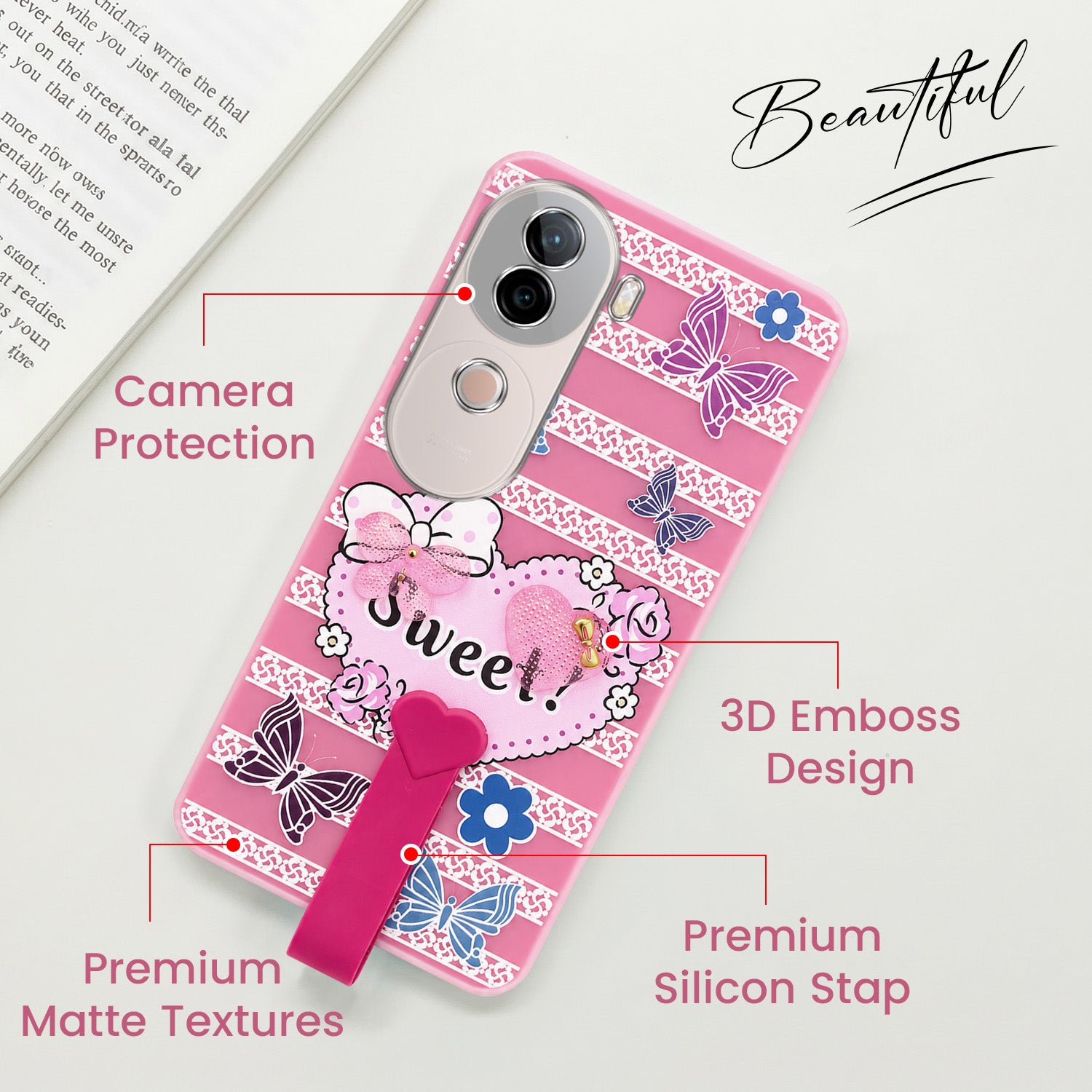 For Vivo V40e Back Cover Case (3D Cute Heart Strap Holder | Camera Protection | Designer Girls Print)