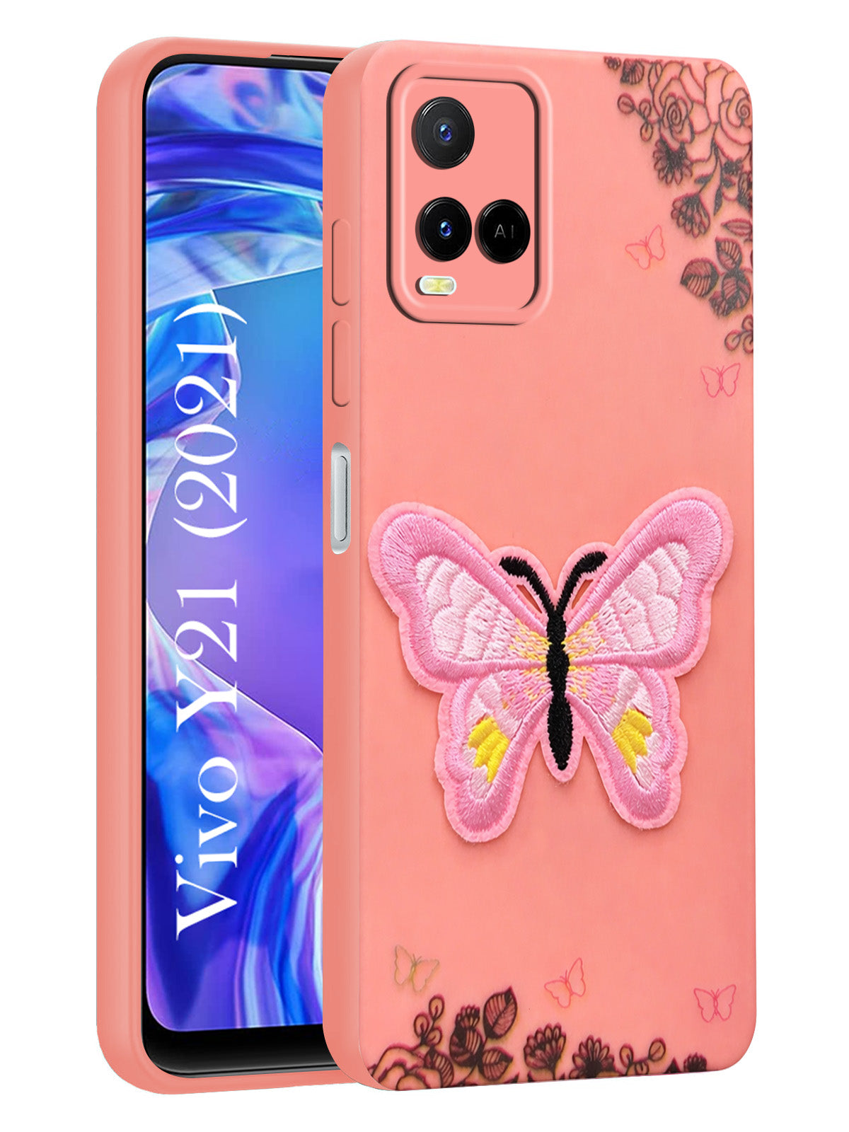 For Vivo Y21e | Vivo Y21A | Vivo Y32 Back Cover Case (Soft Butterfly Embroidery | Women Teen Girls | Camera Protection| Matte Silicone)