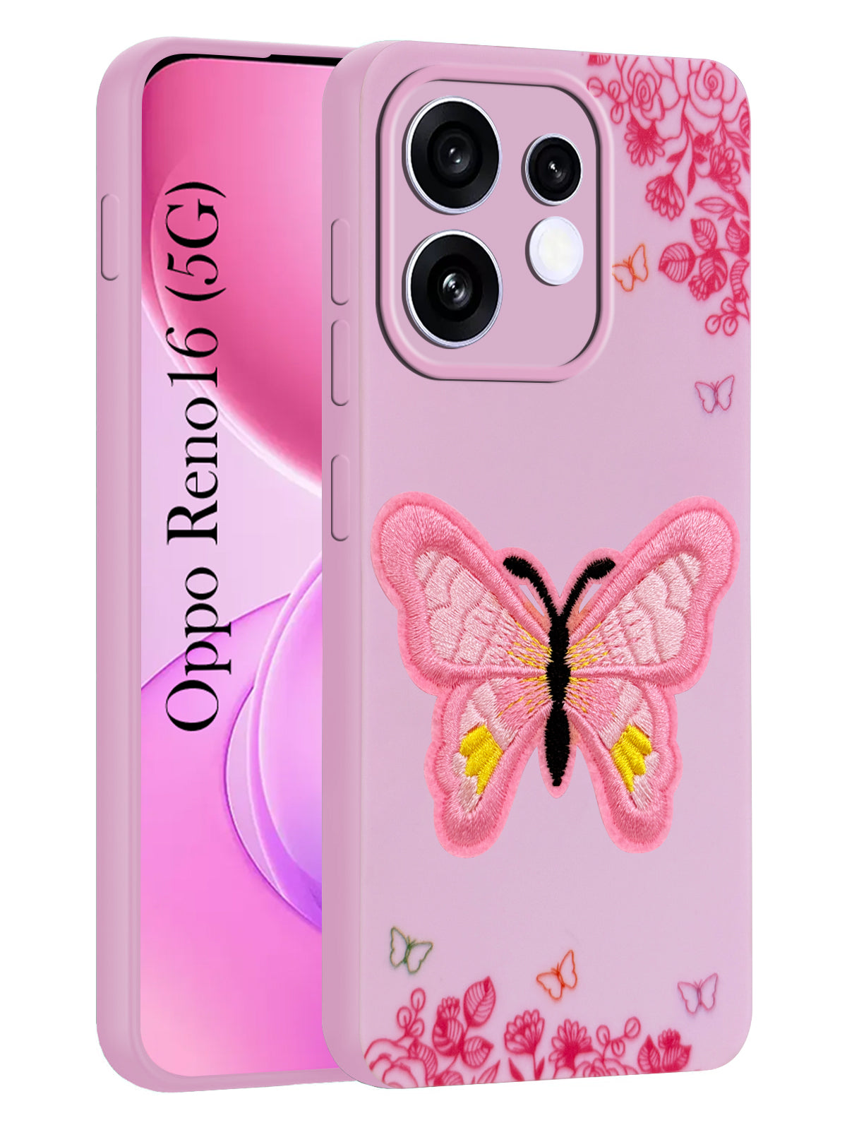 For Oppo Reno 16 Back Cover Case (Soft Butterfly Embroidery | Women Teen Girls | Camera Protection| Matte Silicone)