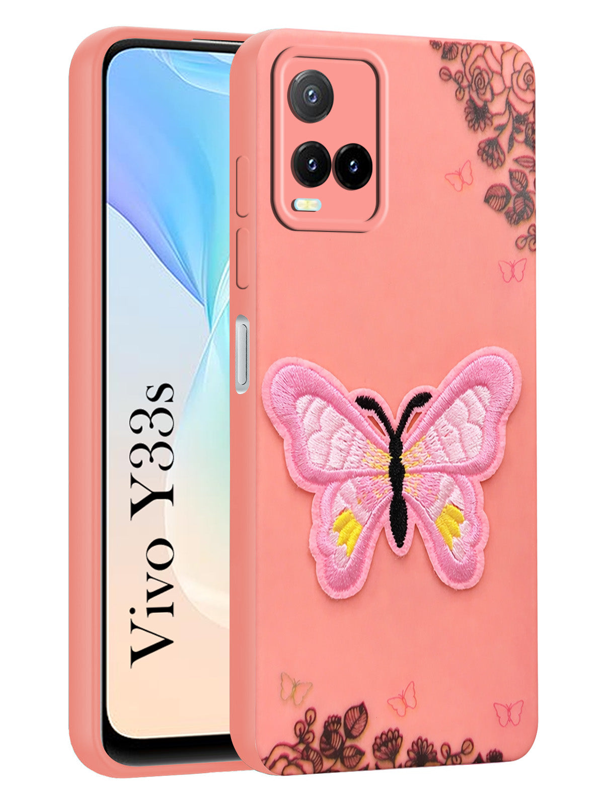 For Vivo Y33s Back Cover Case (Soft Butterfly Embroidery | Women Teen Girls | Camera Protection| Matte Silicone)