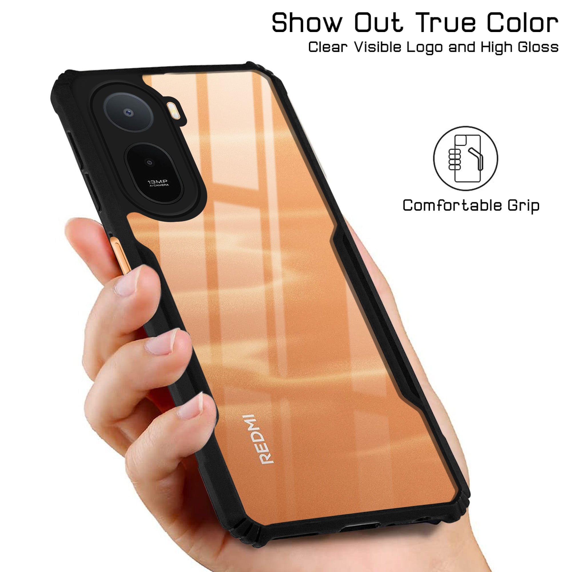 For Redmi A7 Pro 5G Back Cover Case Hybrid (Shockproof with Polycarbonate Clear Panel | Professional Black)