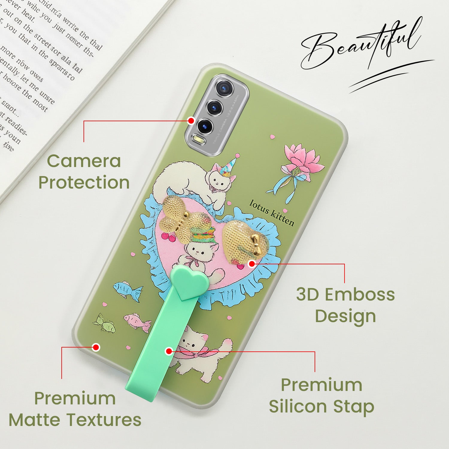 For Vivo Y20 | Y20i  Back Cover Case (3D Cute Heart Strap Holder | Camera Protection | Designer Girls Print)