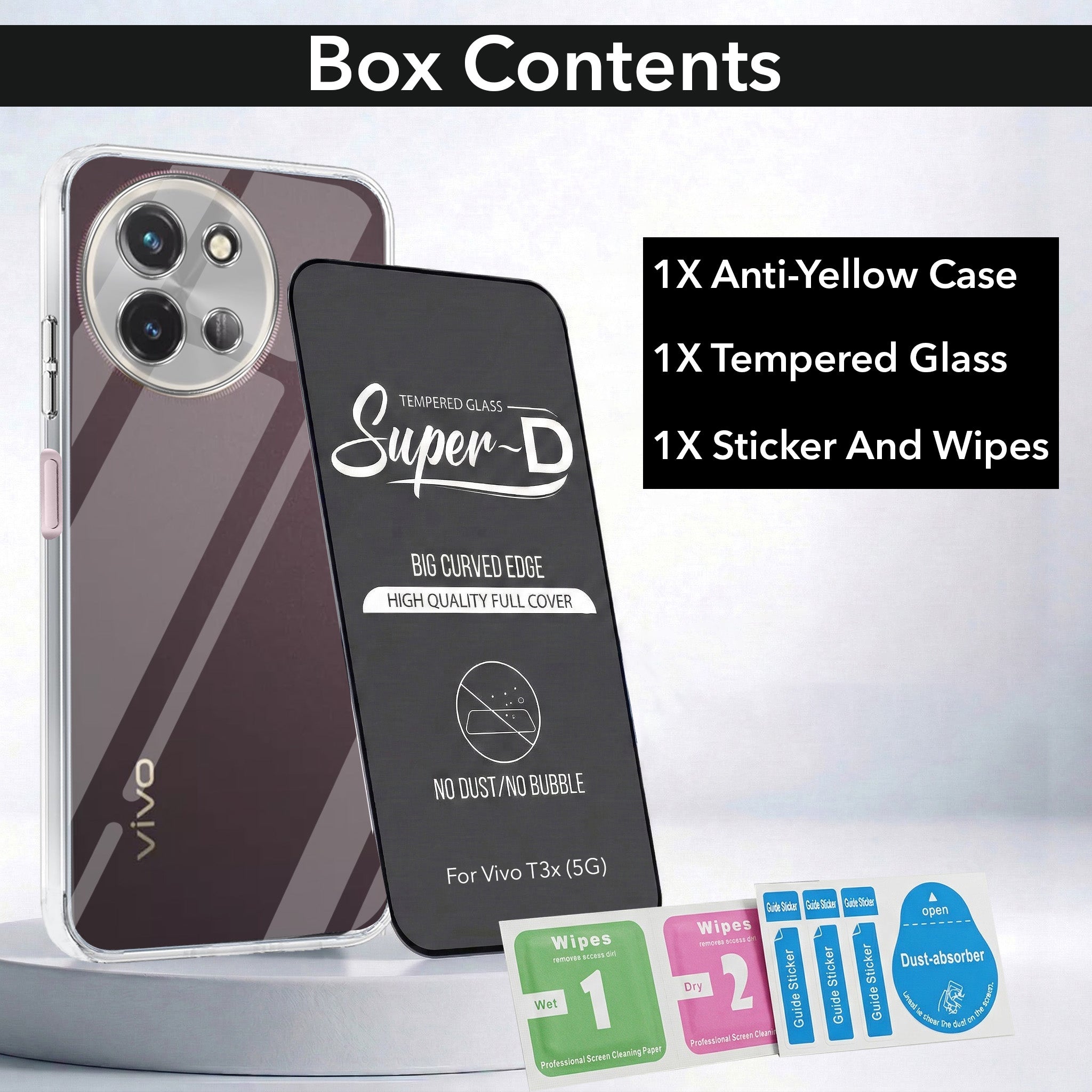 For Vivo T3X 5G Combo with Back Cover and 9H Tempered Glass (Lifetime Anti-Yellow | Sleek Hard Crystal | Oleophobic Coating Screen Glass)
