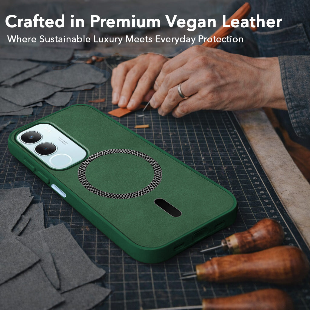 For Vivo Y29 Back Cover Case Leather Finish (MagSafe Compatible Wireless Charging | Soft Touch | Camera Bump Protection)