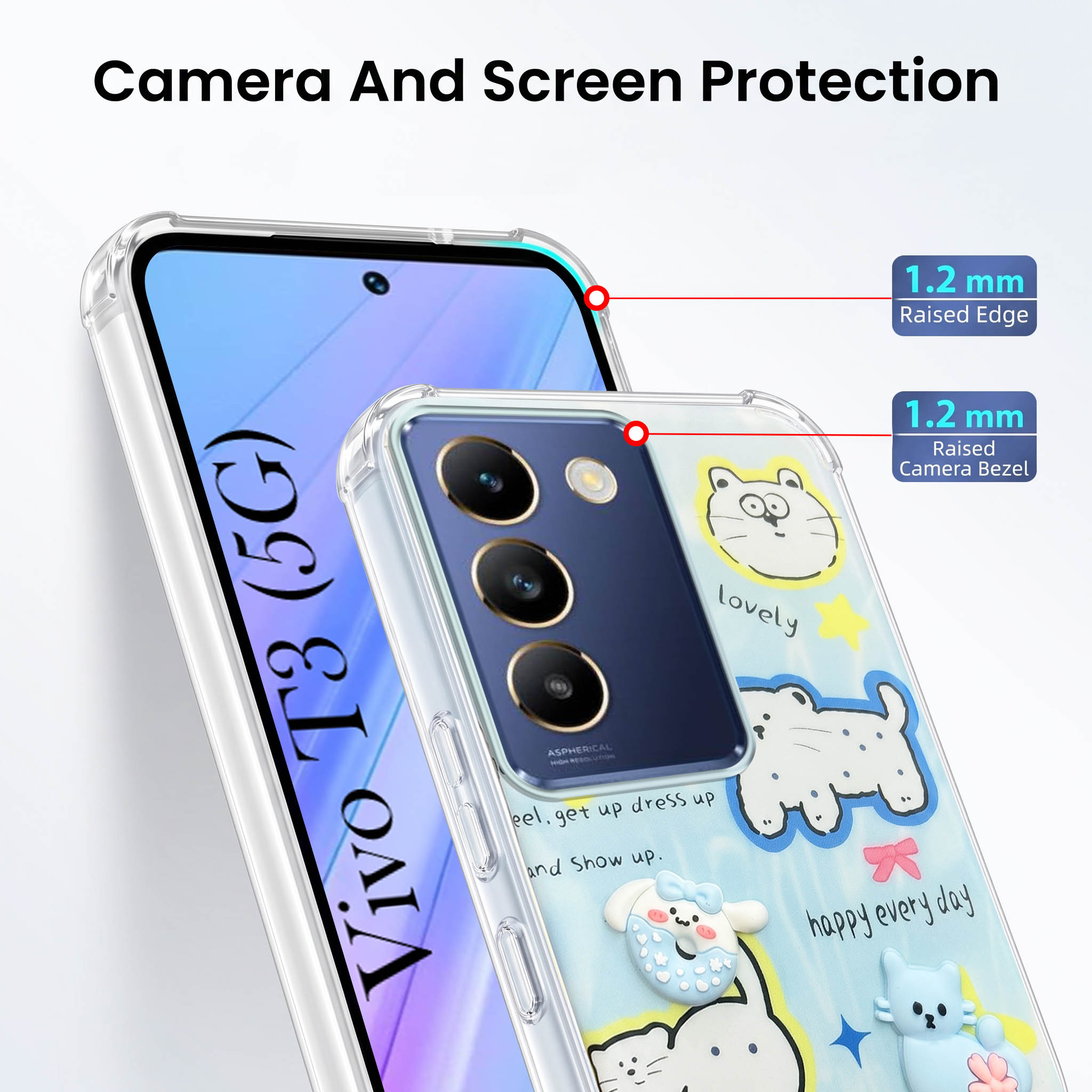 For Vivo T3 5G Back Cover Case (3D Cute Cartoons | Hard Back Side Soft | Matte Premium Finish | HD Printing)