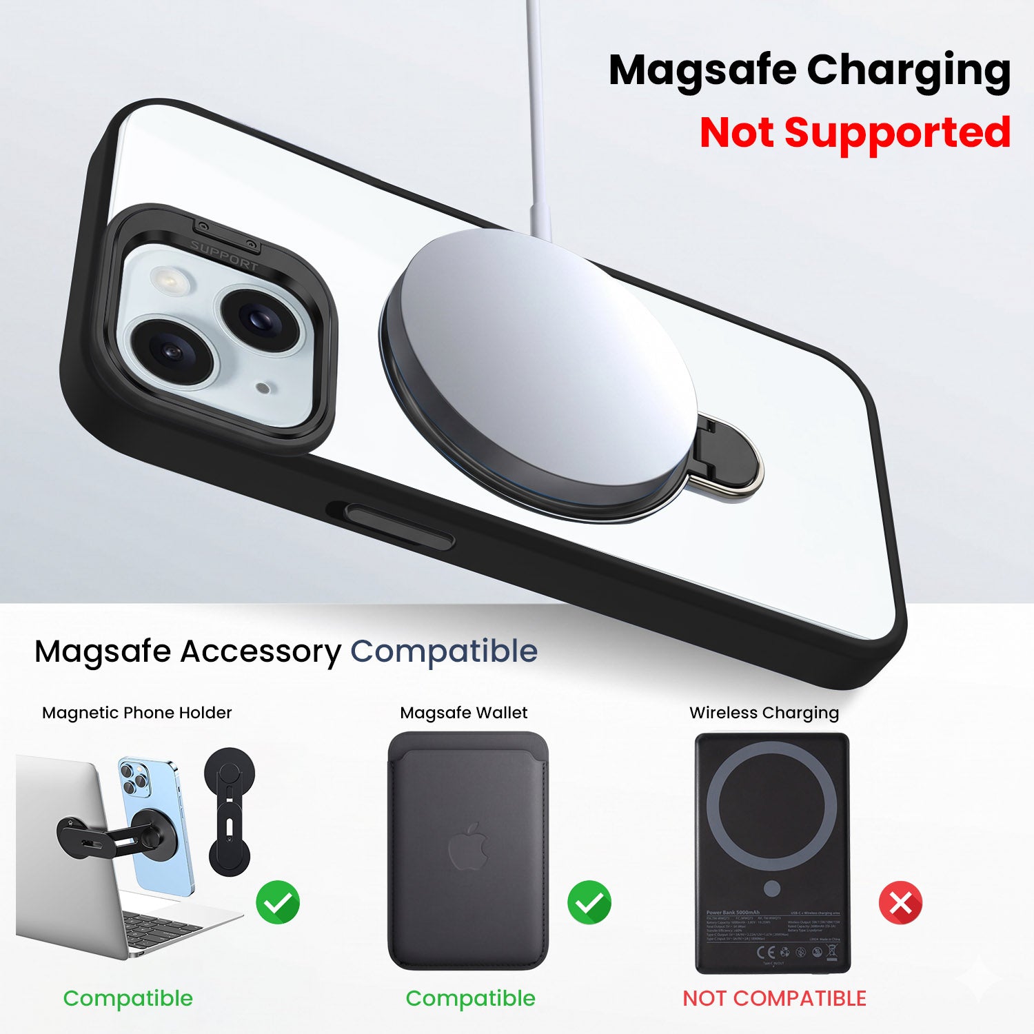For Apple iPhone 15 Back Cover Case Crystal (Lifetime Anti Yellow | Magnetic Ring Stand | Camera Lens Protection | MagSafe Compatible)