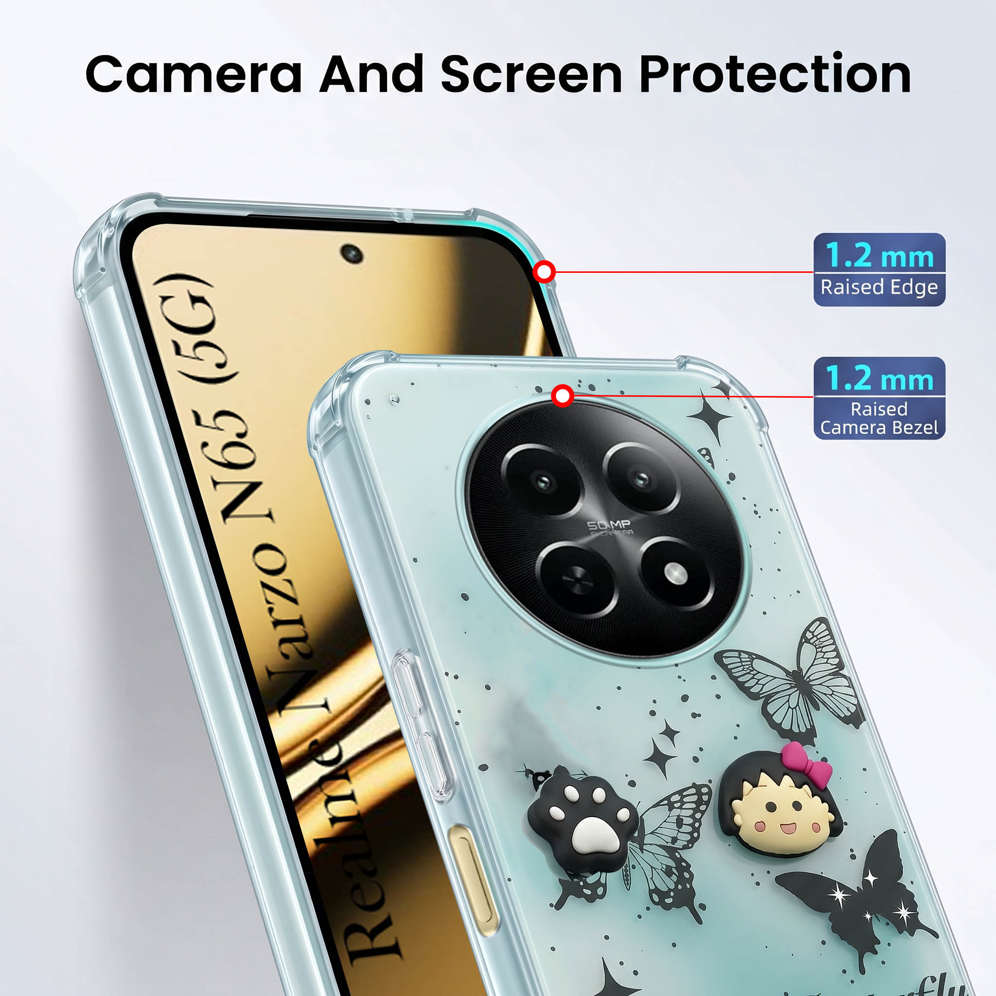 For Realme Narzo N65 5G Back Cover Case (3D Cute Cartoons | Hard Back Side Soft | Matte Premium Finish | HD Printing)