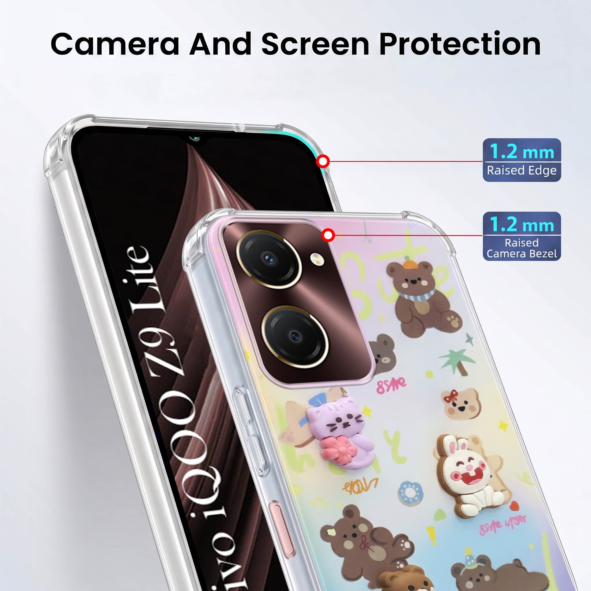 For Vivo iQOO Z9 Lite 5G Back Cover Case (3D Cute Cartoons | Hard Back Side Soft | Matte Premium Finish | HD Printing)