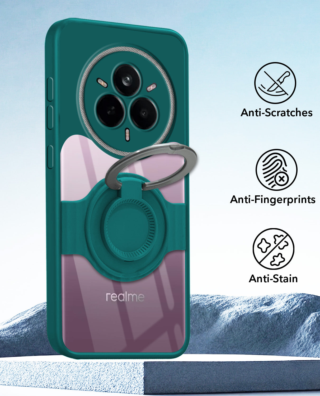 For Realme 14 Pro Back Cover Case with stand (Built-in Ring Holder Kickstand | Lifetime Anti Yellow | Camera Protection)