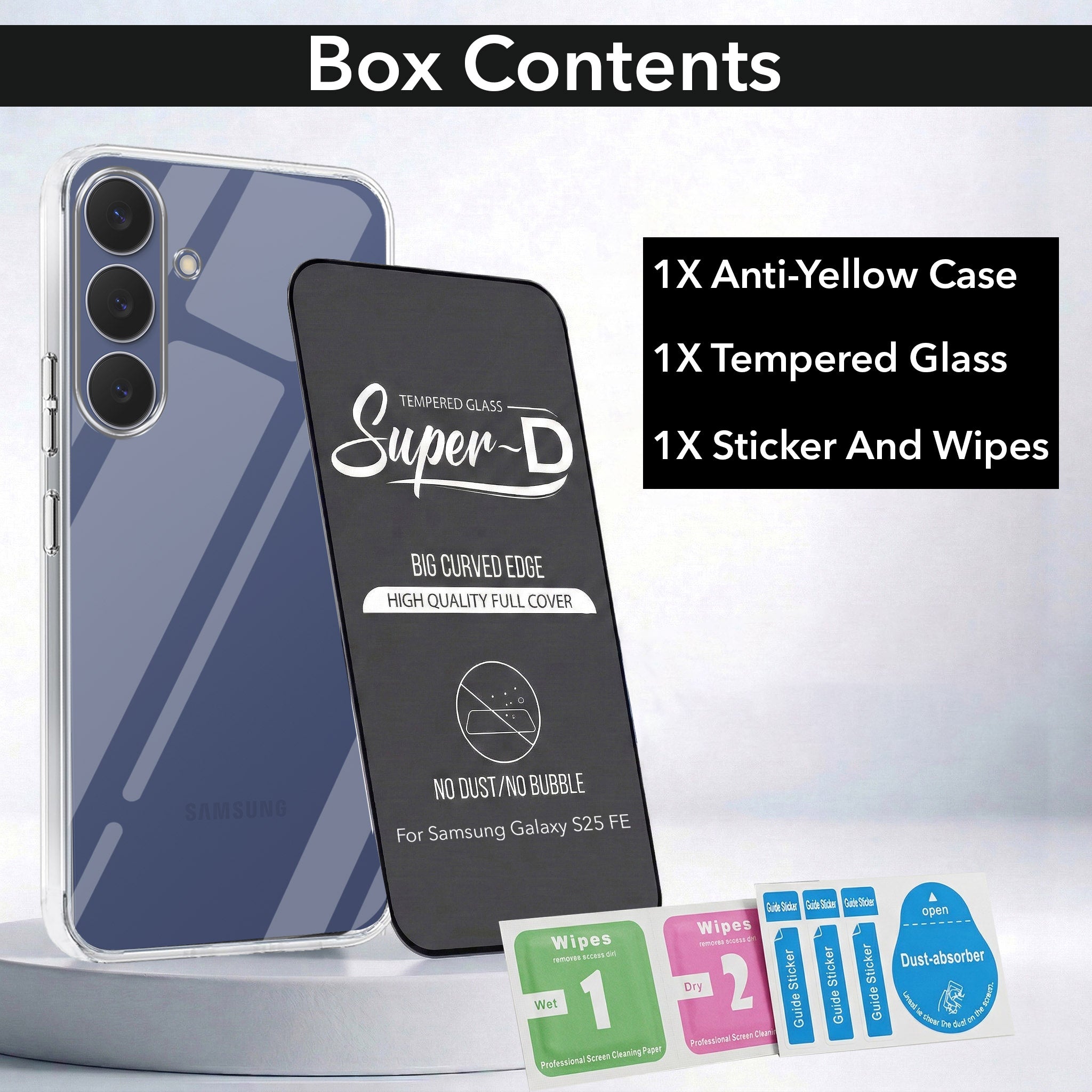 For Samsung Galaxy S25 FE Combo with Back Cover and 9H Tempered Glass (Lifetime Anti-Yellow | Sleek Hard Crystal | Oleophobic Coating Screen Glass)