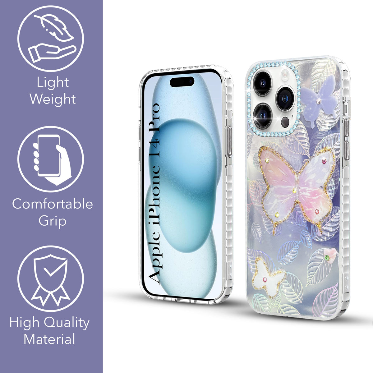 For Apple iPhone 14 Pro Back Cover Case (Luxury Floral Glitter Cute Butterfly | Diamond Studded Camera Bump | Girls & Women Design)