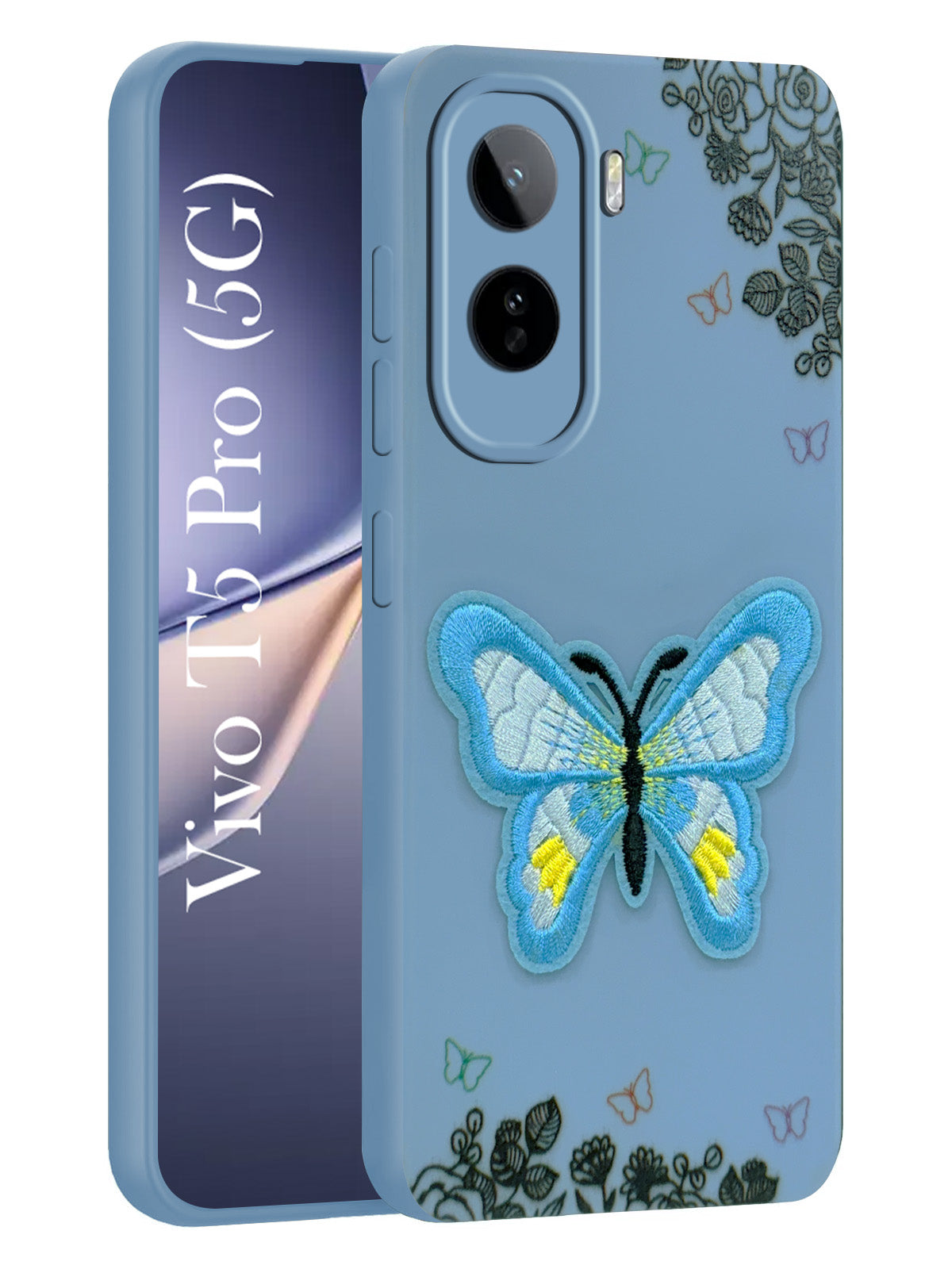 For Vivo T5 Pro 5G Back Cover Case (Soft Butterfly Embroidery | Women Teen Girls | Camera Protection| Matte Silicone)
