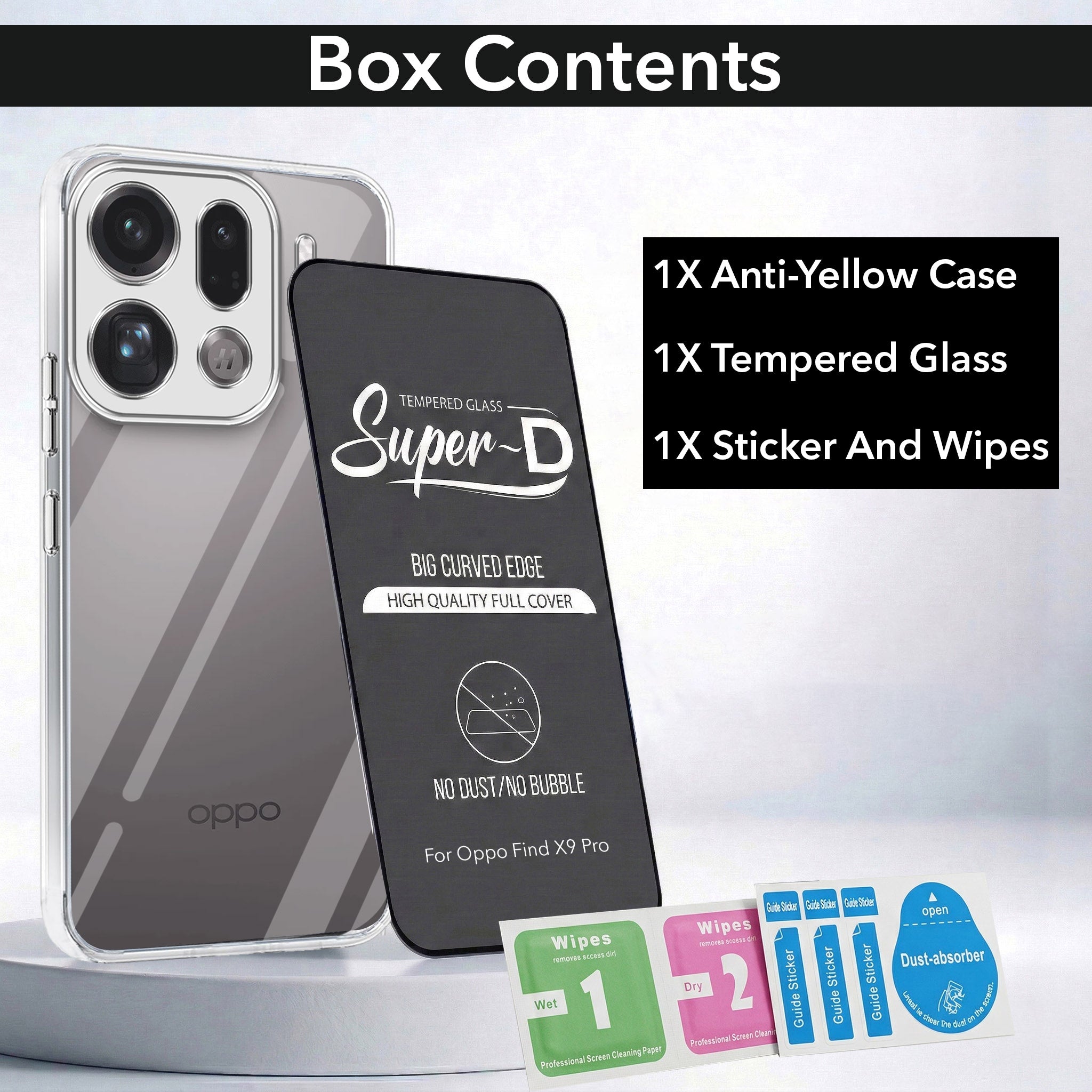 For Oppo Find X9 Pro Combo with Back Cover and 9H Tempered Glass (Lifetime Anti-Yellow | Sleek Hard Crystal | Oleophobic Coating Screen Glass)