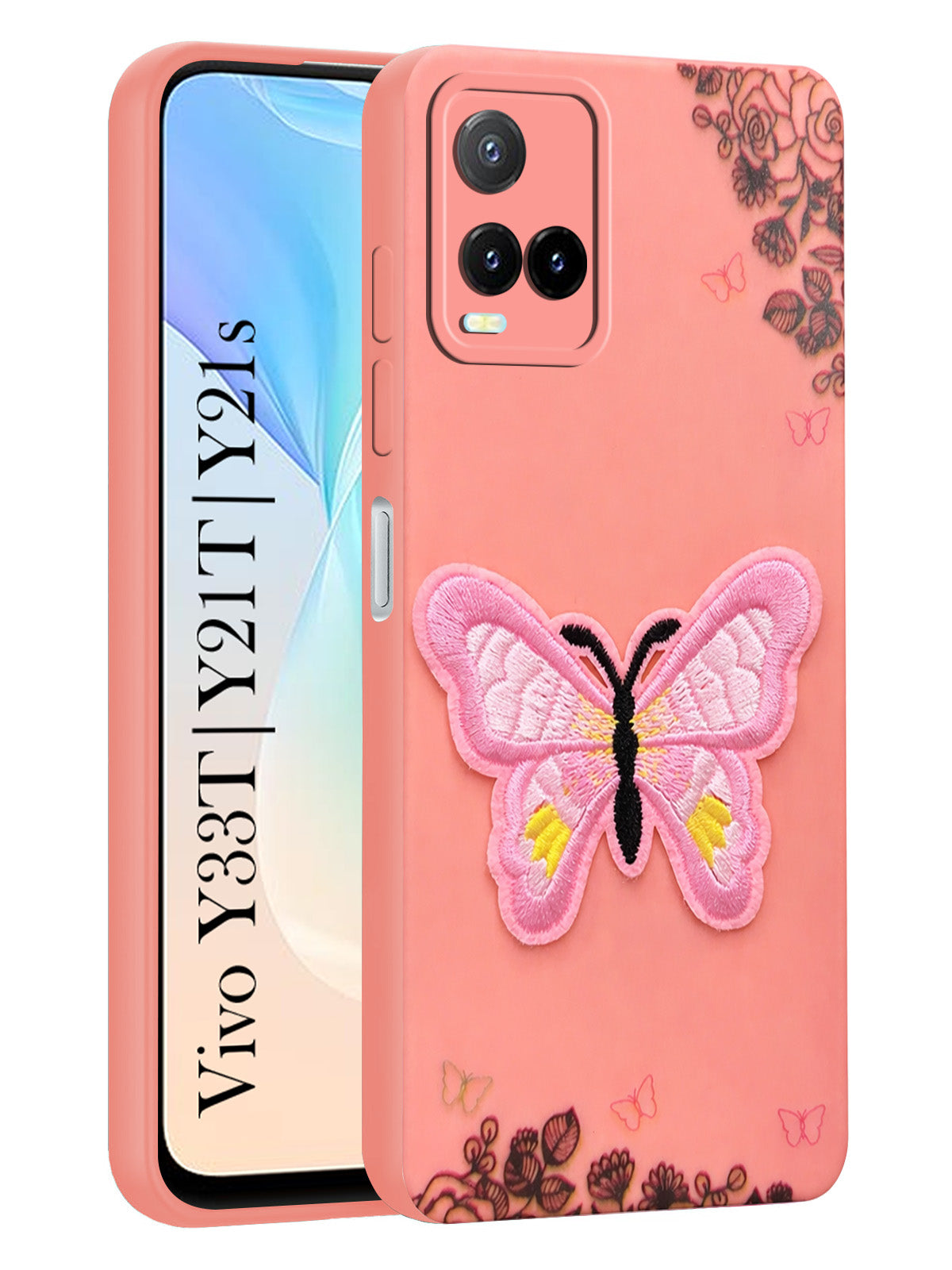 For Vivo Y33T | Vivo Y21T | Vivo Y21s Back Cover Case (Soft Butterfly Embroidery | Women Teen Girls | Camera Protection| Matte Silicone)